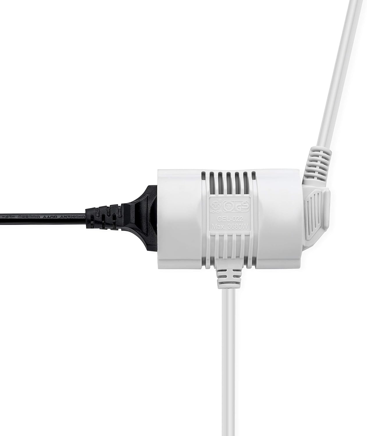 MutecPower 5 meters Extension 2-way power cable with 2 Schuko sockets - 90° angled plug - CEE 7/7 male to 2x female CEE 7/7 up to 250V 50Hz 16A non-polarized DVE 5m