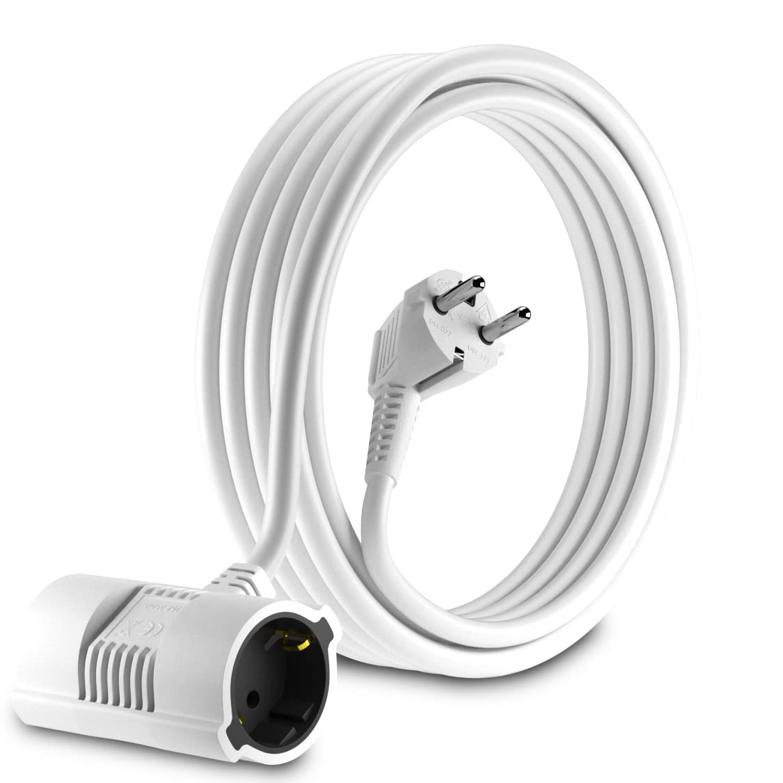 MutecPower 5 meters Extension 2-way power cable with 2 Schuko sockets - 90° angled plug - CEE 7/7 male to 2x female CEE 7/7 up to 250V 50Hz 16A non-polarized DVE 5m