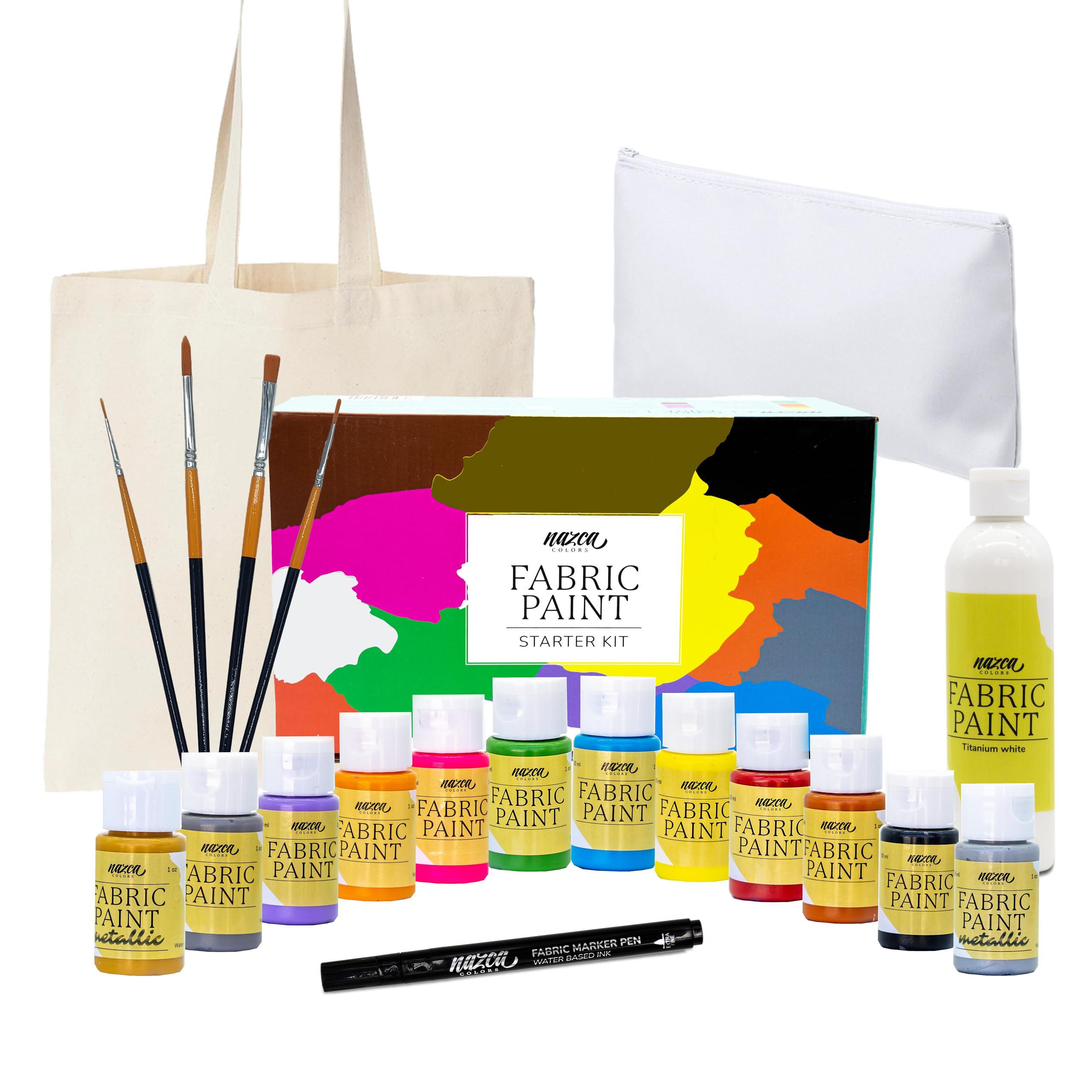 Nazca Colors Fabric Paint Starter Kit - Fabric Paint Set 10 Colors + Gold and Silver (30ml), 100ml White Jar, Black Fabric Marker, 4 Brushes, Toiletry Bag and Tote Bag