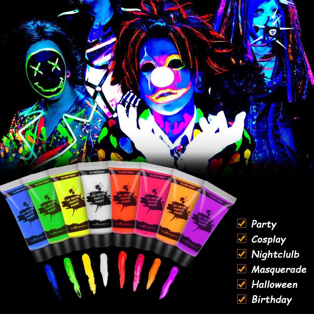 Neon Makeup, 8 Colors Fluo Body Paint Makeup with Stencil and Brushes, Color Body Paint UV Face Paint Kit Colors for Belly, Face Makeup Set for Halloween, Party, Carnival 8 pieces #uv