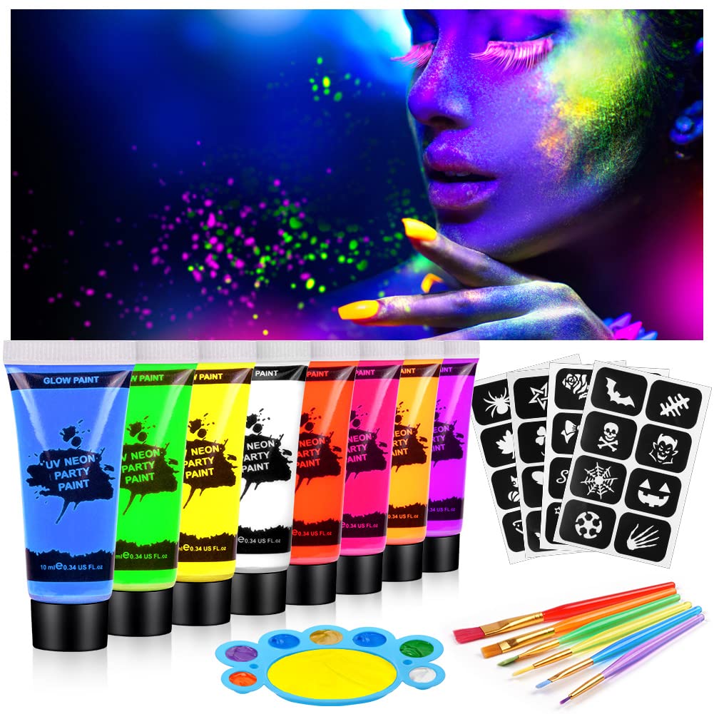 Neon Makeup, 8 Colors Fluo Body Paint Makeup with Stencil and Brushes, Color Body Paint UV Face Paint Kit Colors for Belly, Face Makeup Set for Halloween, Party, Carnival 8 pieces #uv