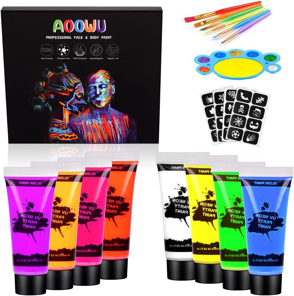 Neon Makeup, 8 Colors Fluo Body Paint Makeup with Stencil and Brushes, Color Body Paint UV Face Paint Kit Colors for Belly, Face Makeup Set for Halloween, Party, Carnival 8 pieces #uv