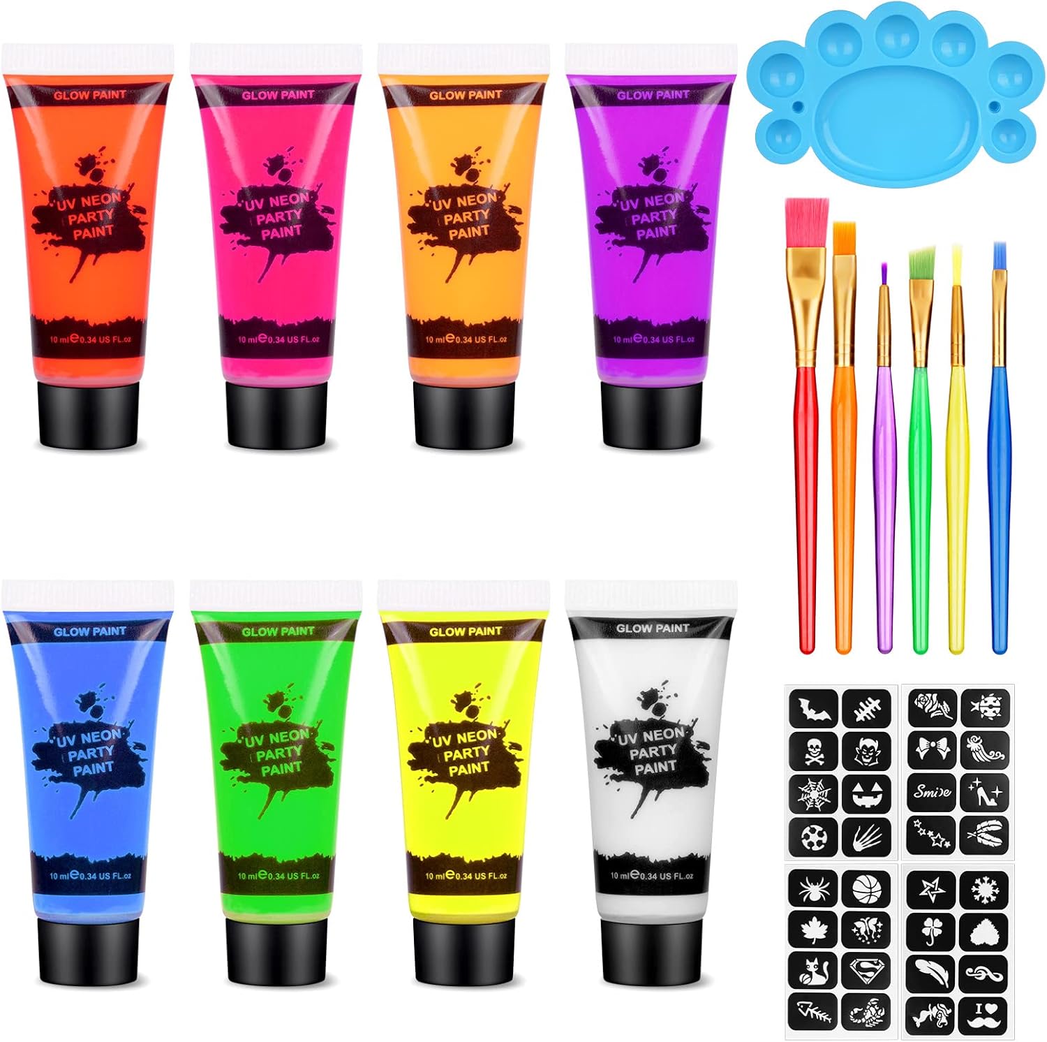 Neon Makeup, 8 Colors Fluo Body Paint Makeup with Stencil and Brushes, Color Body Paint UV Face Paint Kit Colors for Belly, Face Makeup Set for Halloween, Party, Carnival 8 pieces #uv