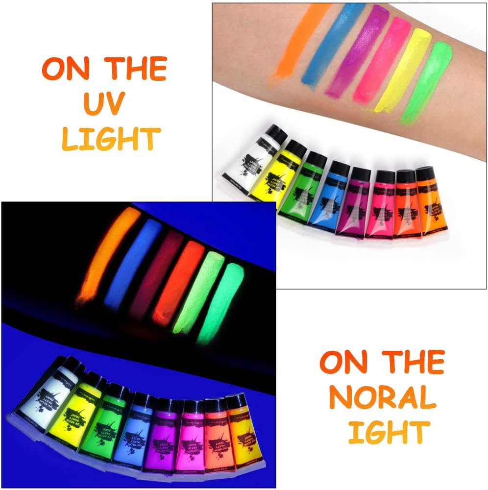 Neon Makeup, 8 Colors Fluo Body Paint Makeup with Stencil and Brushes, Color Body Paint UV Face Paint Kit Colors for Belly, Face Makeup Set for Halloween, Party, Carnival 8 pieces #uv