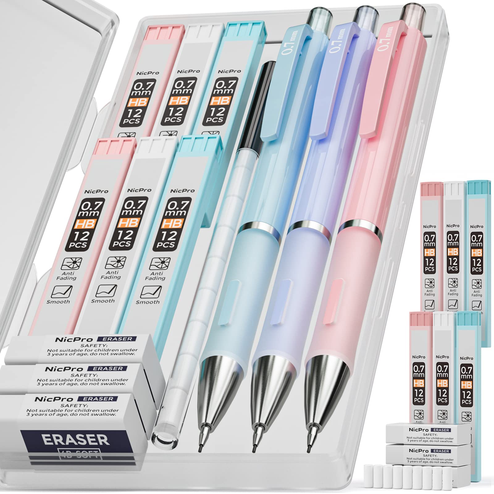 Nicpro 3 Pieces Pastel Mechanical Pencils 0.7mm with Case, Cute Art Pencils Mechanical Pencil with 6 HB Tube Leads, 3 Erasers, 9 Eraser Refills for Artist Students Kids Drawing Writing Sketching 0.7mm