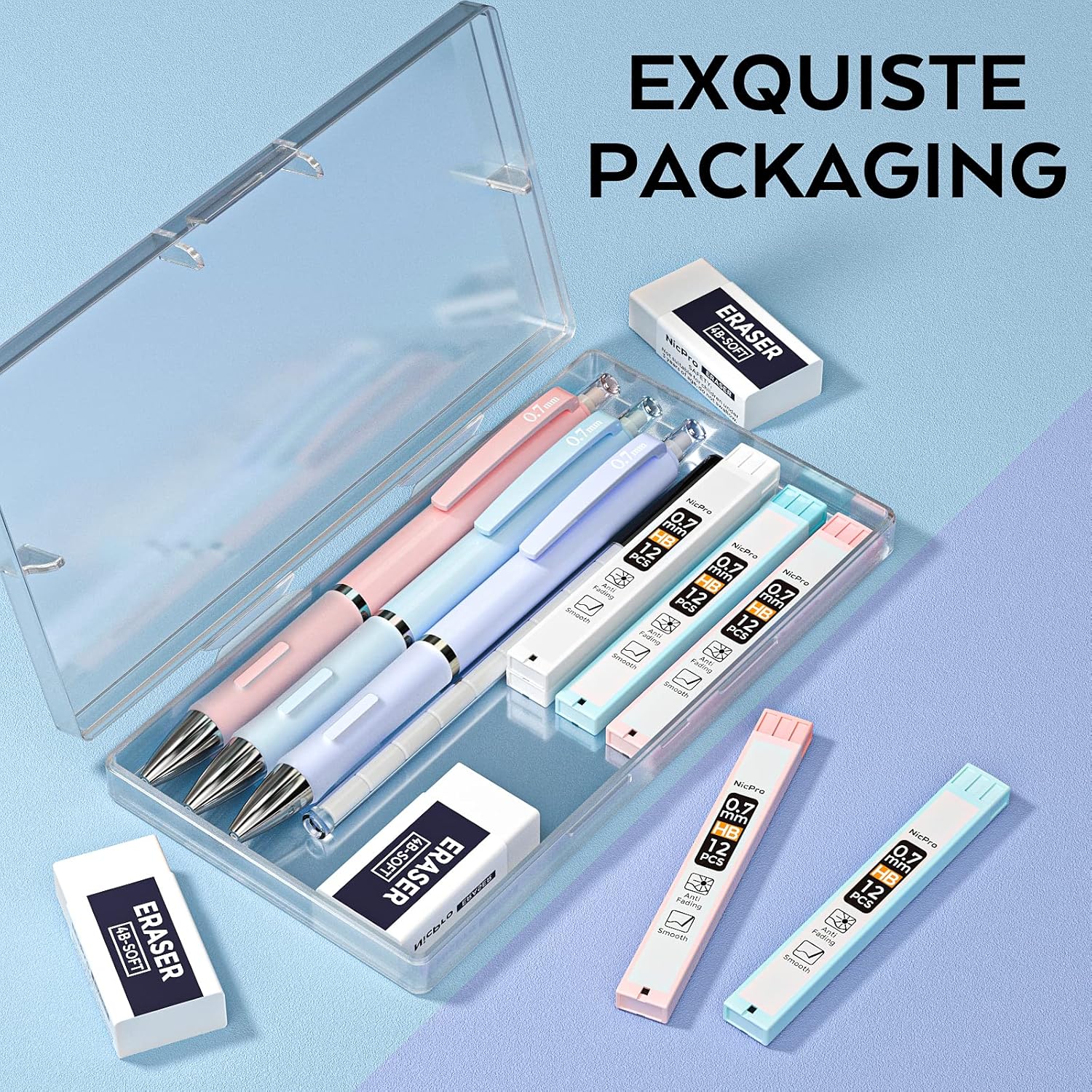 Nicpro 3 Pieces Pastel Mechanical Pencils 0.7mm with Case, Cute Art Pencils Mechanical Pencil with 6 HB Tube Leads, 3 Erasers, 9 Eraser Refills for Artist Students Kids Drawing Writing Sketching 0.7mm