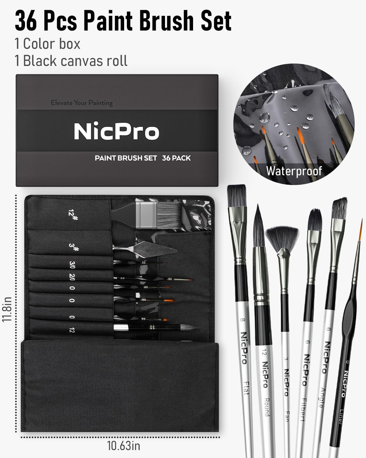Nicpro 36 Pieces Paint Brushes, Professional Paint Brushes with Palette Knife and Cloth Roll, Suitable for Artists and Beginners for Acrylic Painting, Oil, Watercolor, Gouache Black