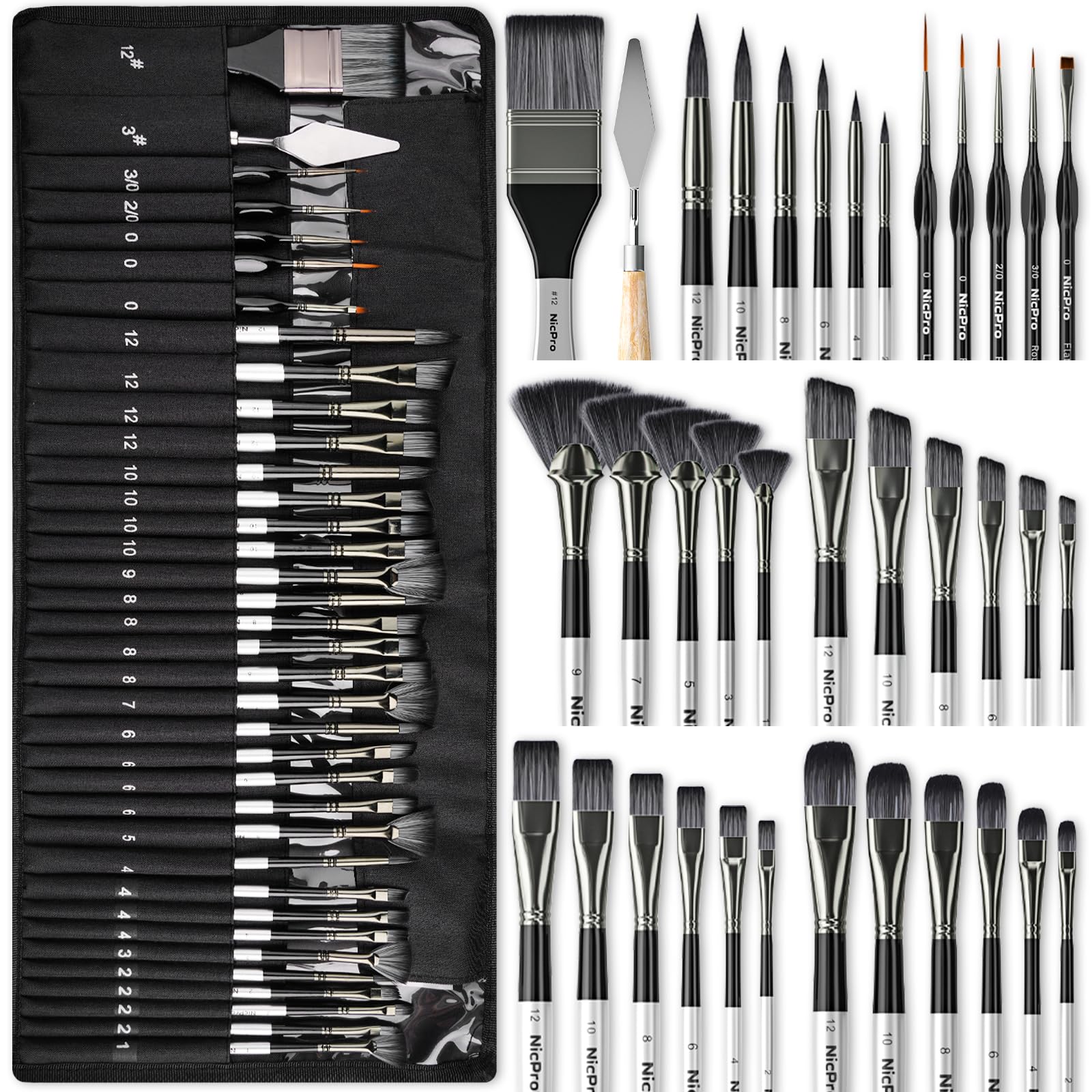 Nicpro 36 Pieces Paint Brushes, Professional Paint Brushes with Palette Knife and Cloth Roll, Suitable for Artists and Beginners for Acrylic Painting, Oil, Watercolor, Gouache Black