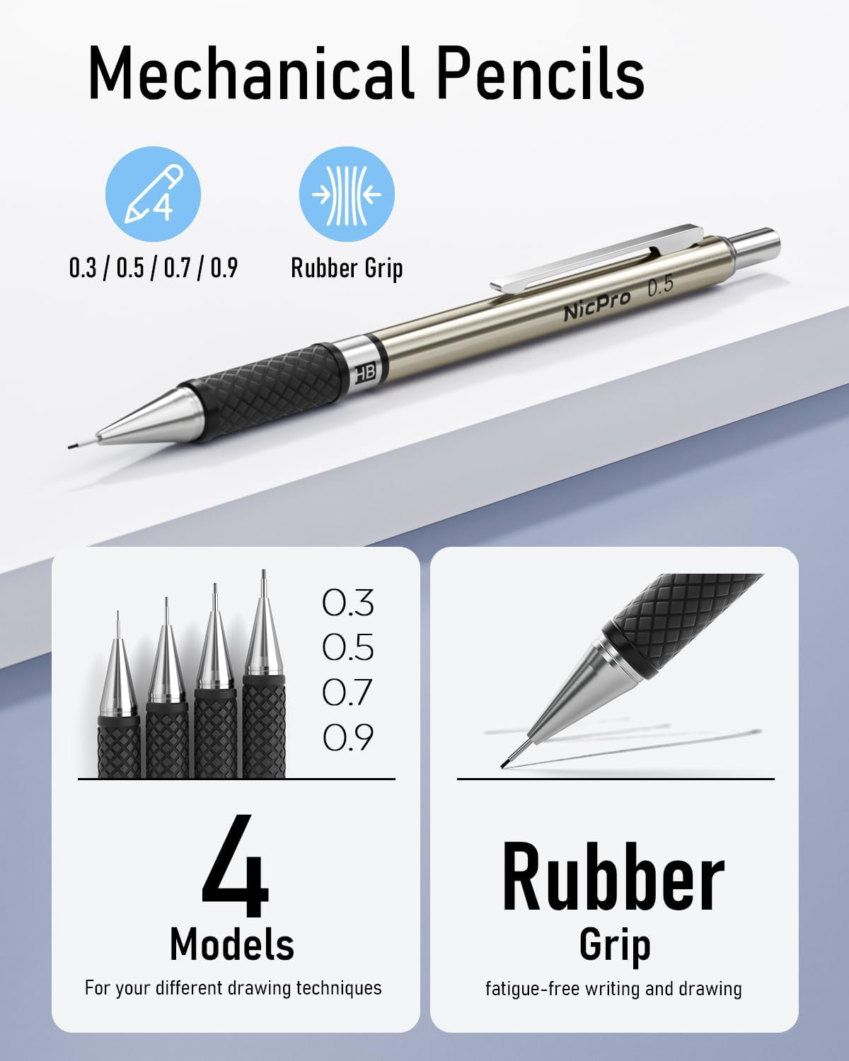 Nicpro 37 pieces of lead holders, 4 metal drawing pencils 0.3 0.5 0.7 0.9 mm and 2 2 mm lead holders (colours, 6B 4B 2B HB 2H 4H) for sketching and drawing with case of 23 lead refills in tube Black 0.3 0.5 0.7 0.9 2 mm