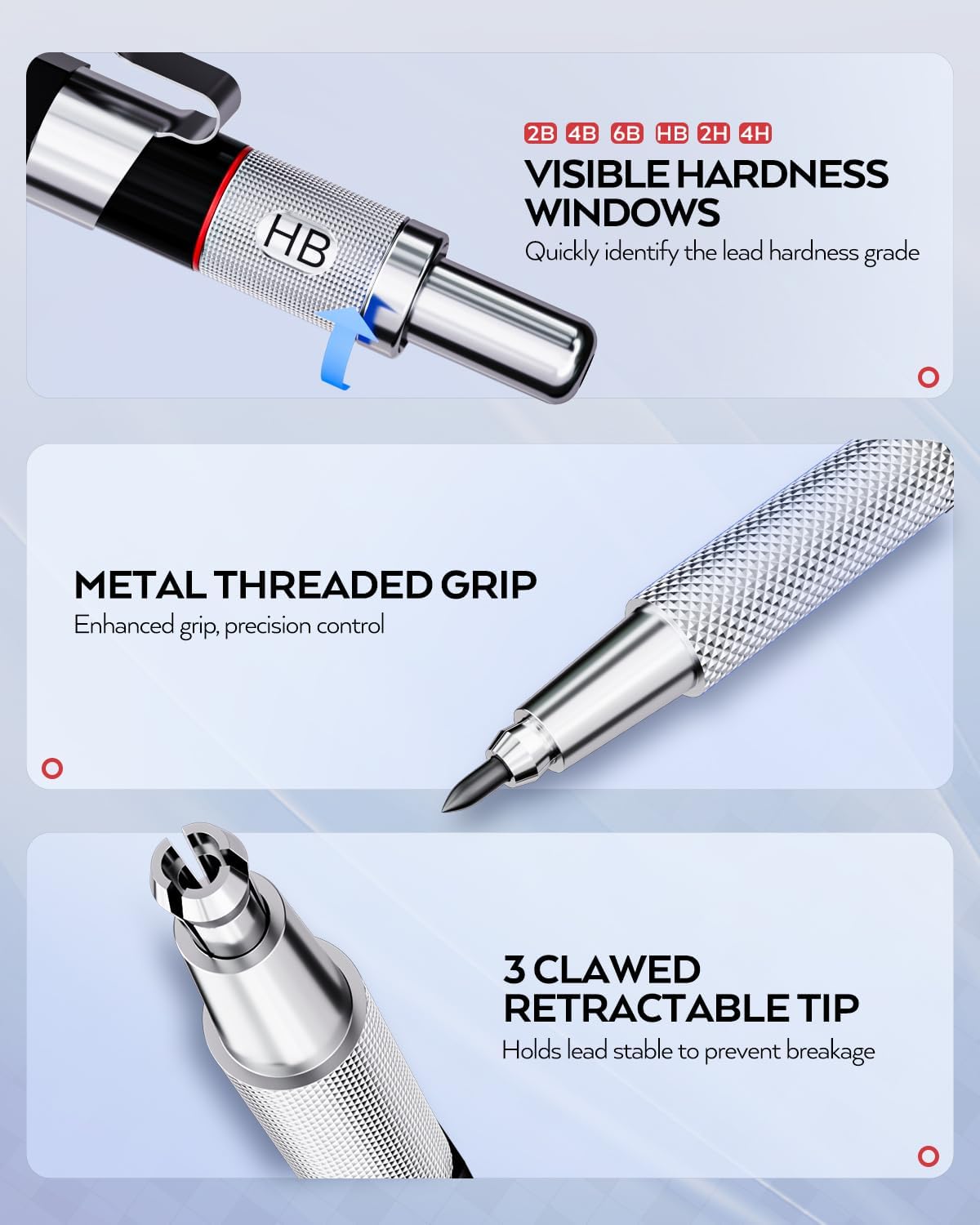 Nicpro 37 pieces of lead holders, 4 metal drawing pencils 0.3 0.5 0.7 0.9 mm and 2 2 mm lead holders (colours, 6B 4B 2B HB 2H 4H) for sketching and drawing with case of 23 lead refills in tube Black 0.3 0.5 0.7 0.9 2 mm