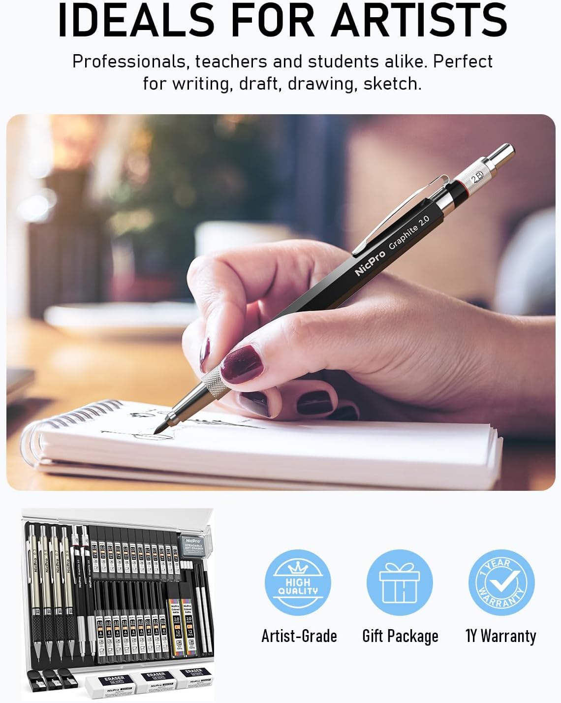 Nicpro 37 pieces of lead holders, 4 metal drawing pencils 0.3 0.5 0.7 0.9 mm and 2 2 mm lead holders (colours, 6B 4B 2B HB 2H 4H) for sketching and drawing with case of 23 lead refills in tube Black 0.3 0.5 0.7 0.9 2 mm