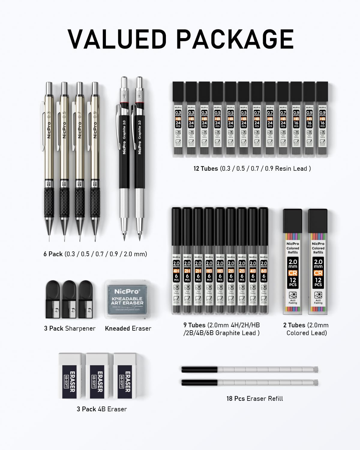 Nicpro 37 pieces of lead holders, 4 metal drawing pencils 0.3 0.5 0.7 0.9 mm and 2 2 mm lead holders (colours, 6B 4B 2B HB 2H 4H) for sketching and drawing with case of 23 lead refills in tube Black 0.3 0.5 0.7 0.9 2 mm
