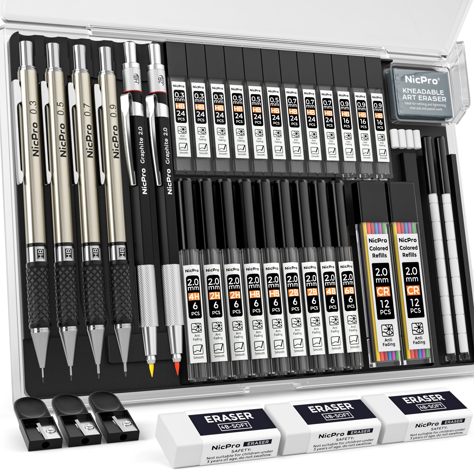 Nicpro 37 pieces of lead holders, 4 metal drawing pencils 0.3 0.5 0.7 0.9 mm and 2 2 mm lead holders (colours, 6B 4B 2B HB 2H 4H) for sketching and drawing with case of 23 lead refills in tube Black 0.3 0.5 0.7 0.9 2 mm