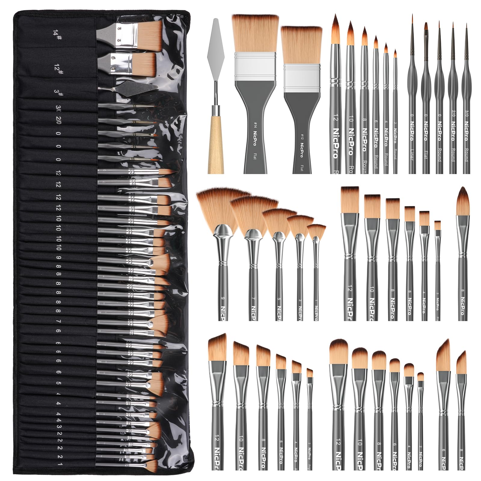 Nicpro 40pcs Paint Brushes, Professional Acrylic Paint Brushes with Palette Knife and Canvas Roll, Suitable for Acrylic Painting, Oil, Watercolor, Gouache, Art Supplies, Painter Gifts