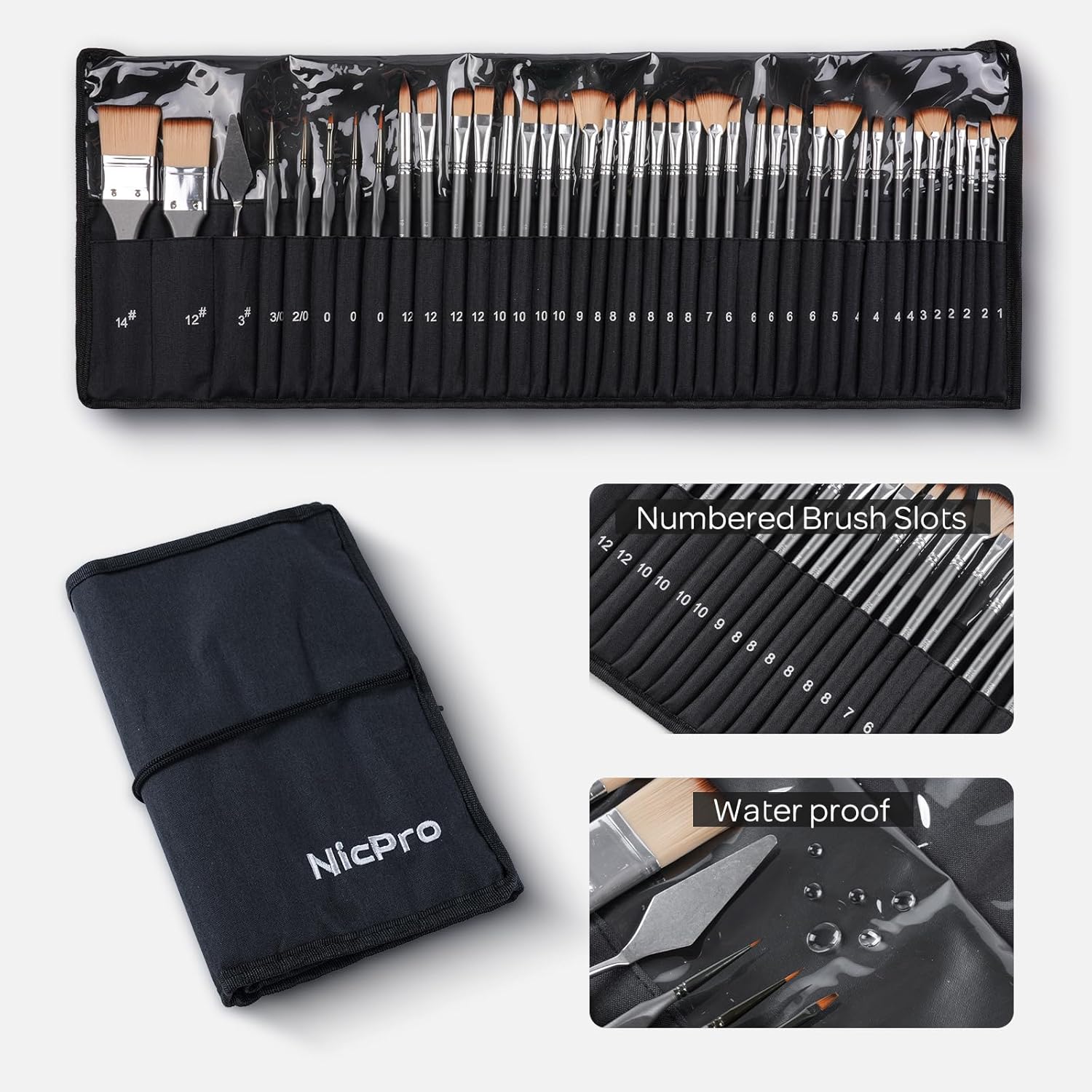 Nicpro 40pcs Paint Brushes, Professional Acrylic Paint Brushes with Palette Knife and Canvas Roll, Suitable for Acrylic Painting, Oil, Watercolor, Gouache, Art Supplies, Painter Gifts