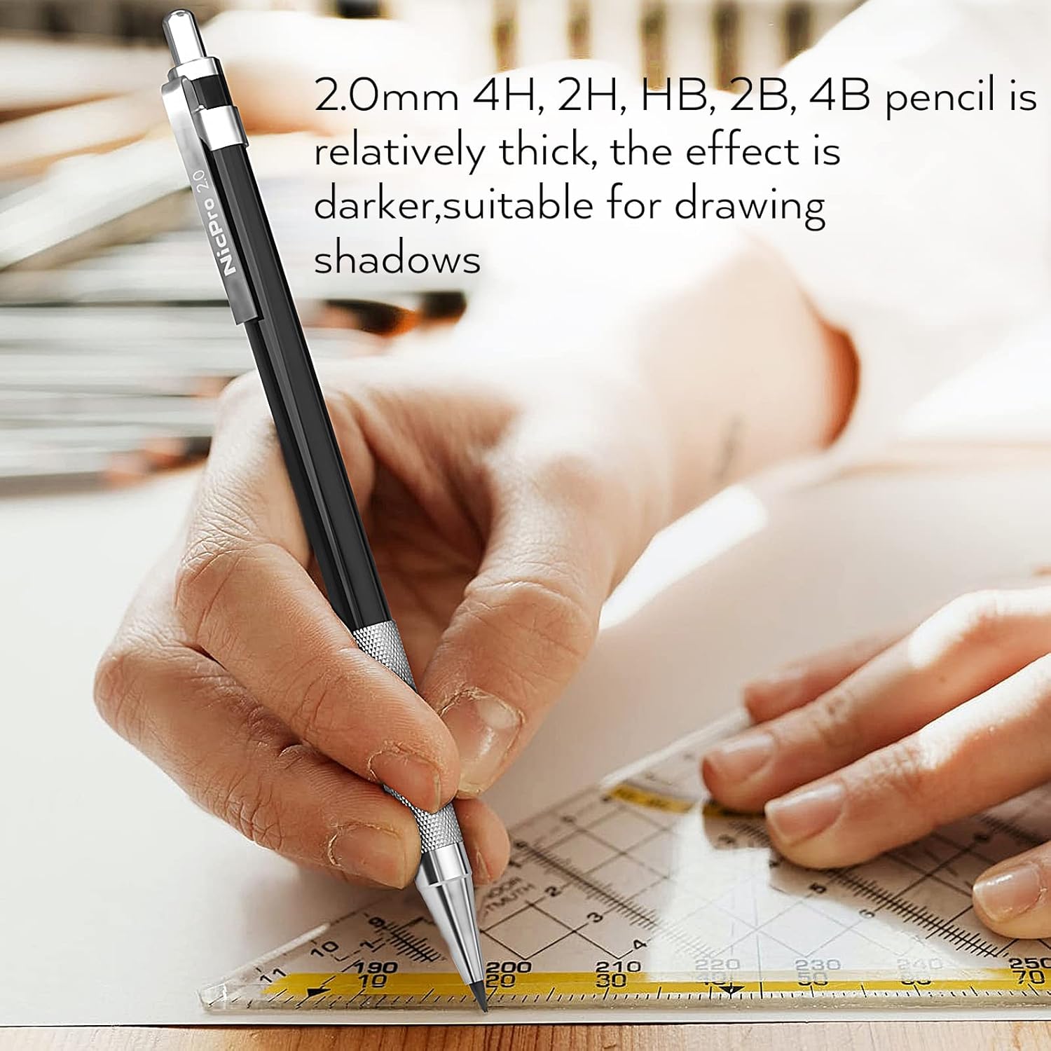 Nicpro 5 Piece 2mm Metal Mechanical Pencils with Leather Case, Art Mechanical Pencil Carpenter Set with Graphite Leads Black & Color (4B 4B 2B HB 2H) Rubber Pencil Sharpener for Artist Drawing Writing Sketching 17 Pieces