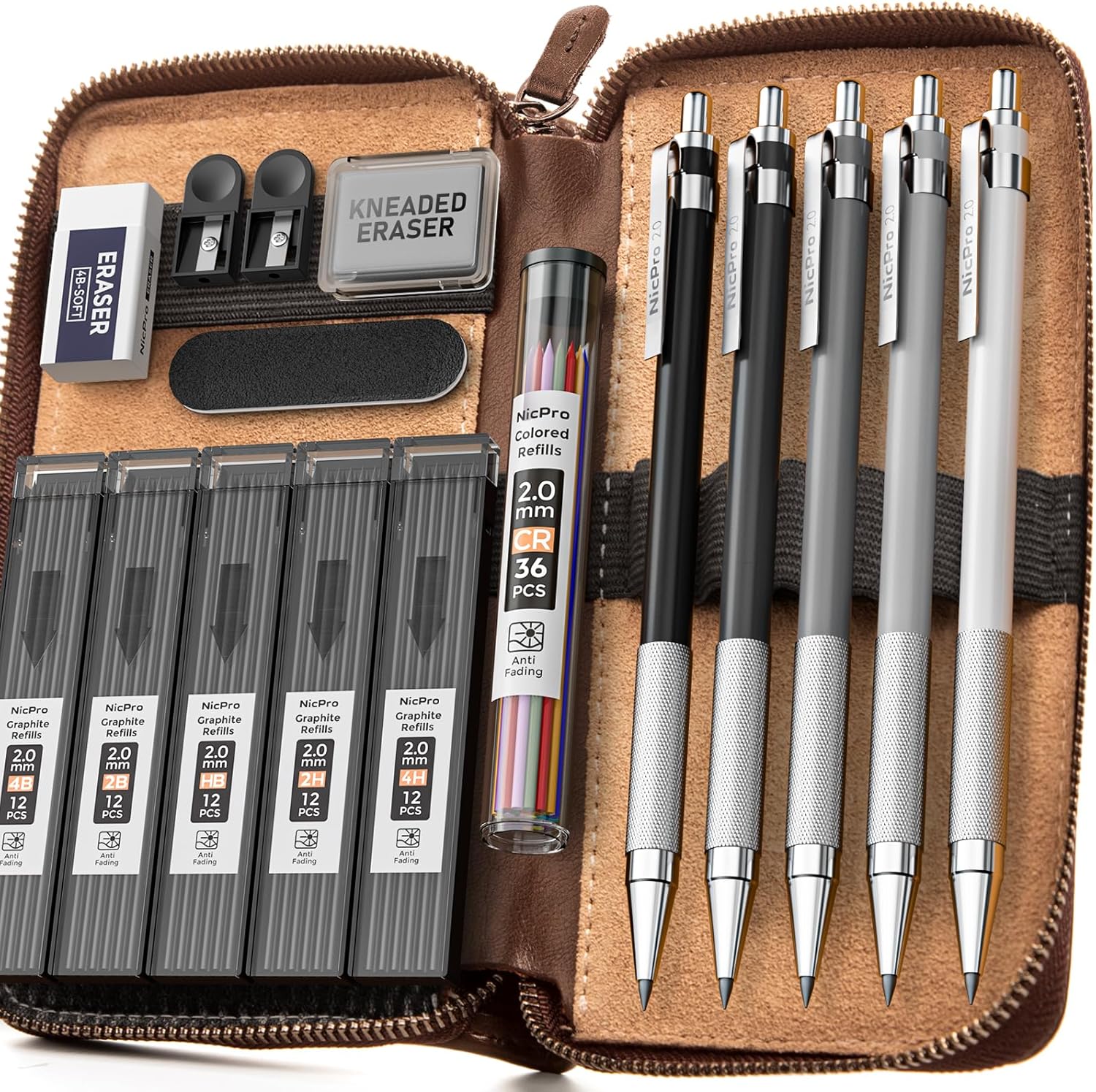 Nicpro 5 Piece 2mm Metal Mechanical Pencils with Leather Case, Art Mechanical Pencil Carpenter Set with Graphite Leads Black & Color (4B 4B 2B HB 2H) Rubber Pencil Sharpener for Artist Drawing Writing Sketching 17 Pieces
