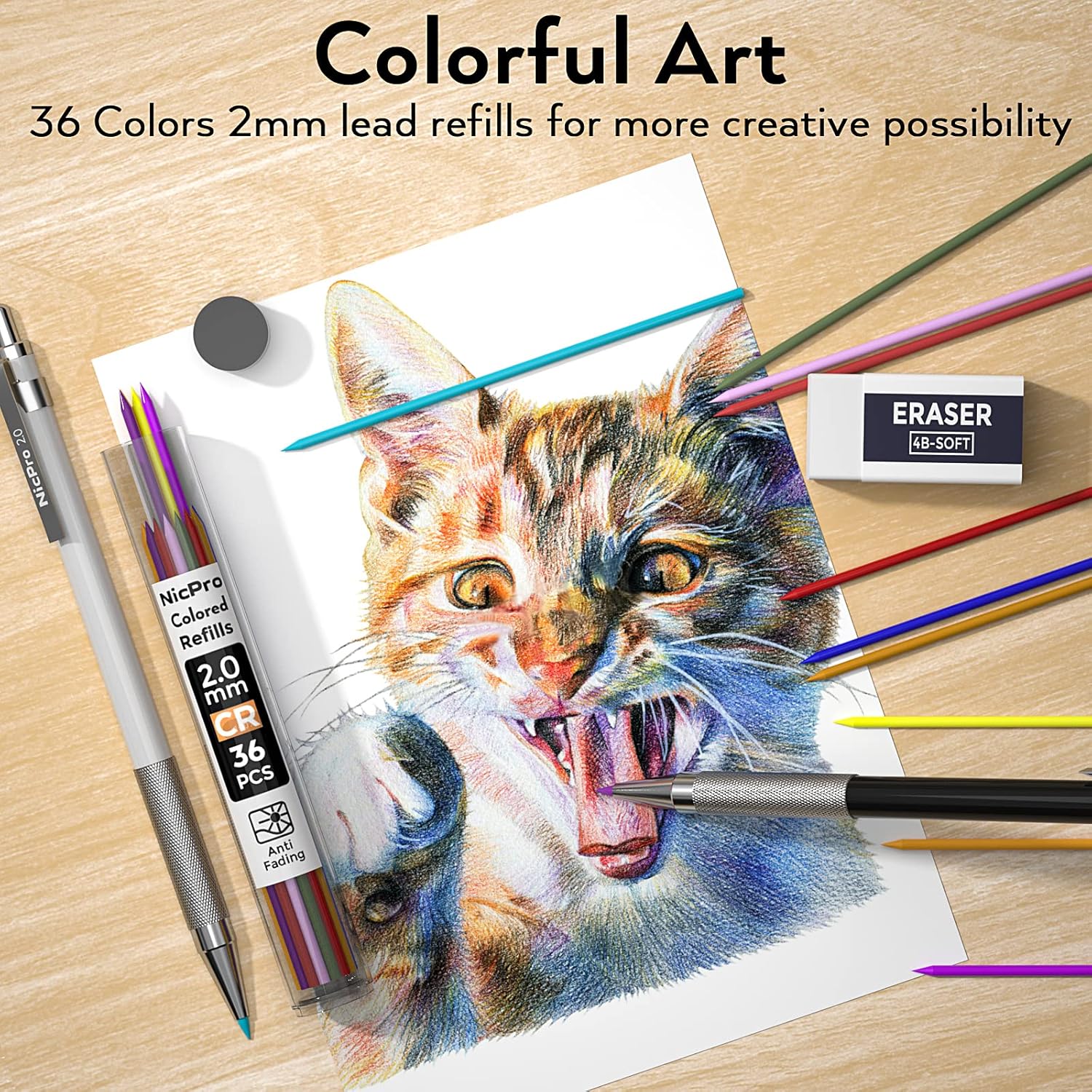 Nicpro 5 Piece 2mm Metal Mechanical Pencils with Leather Case, Art Mechanical Pencil Carpenter Set with Graphite Leads Black & Color (4B 4B 2B HB 2H) Rubber Pencil Sharpener for Artist Drawing Writing Sketching 17 Pieces