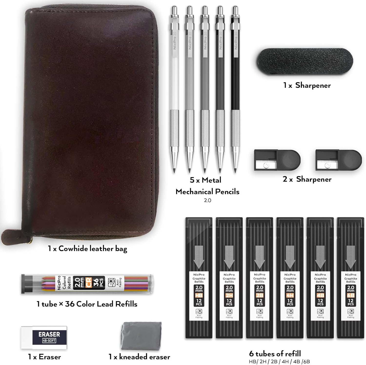 Nicpro 5 Piece 2mm Metal Mechanical Pencils with Leather Case, Art Mechanical Pencil Carpenter Set with Graphite Leads Black & Color (4B 4B 2B HB 2H) Rubber Pencil Sharpener for Artist Drawing Writing Sketching 17 Pieces