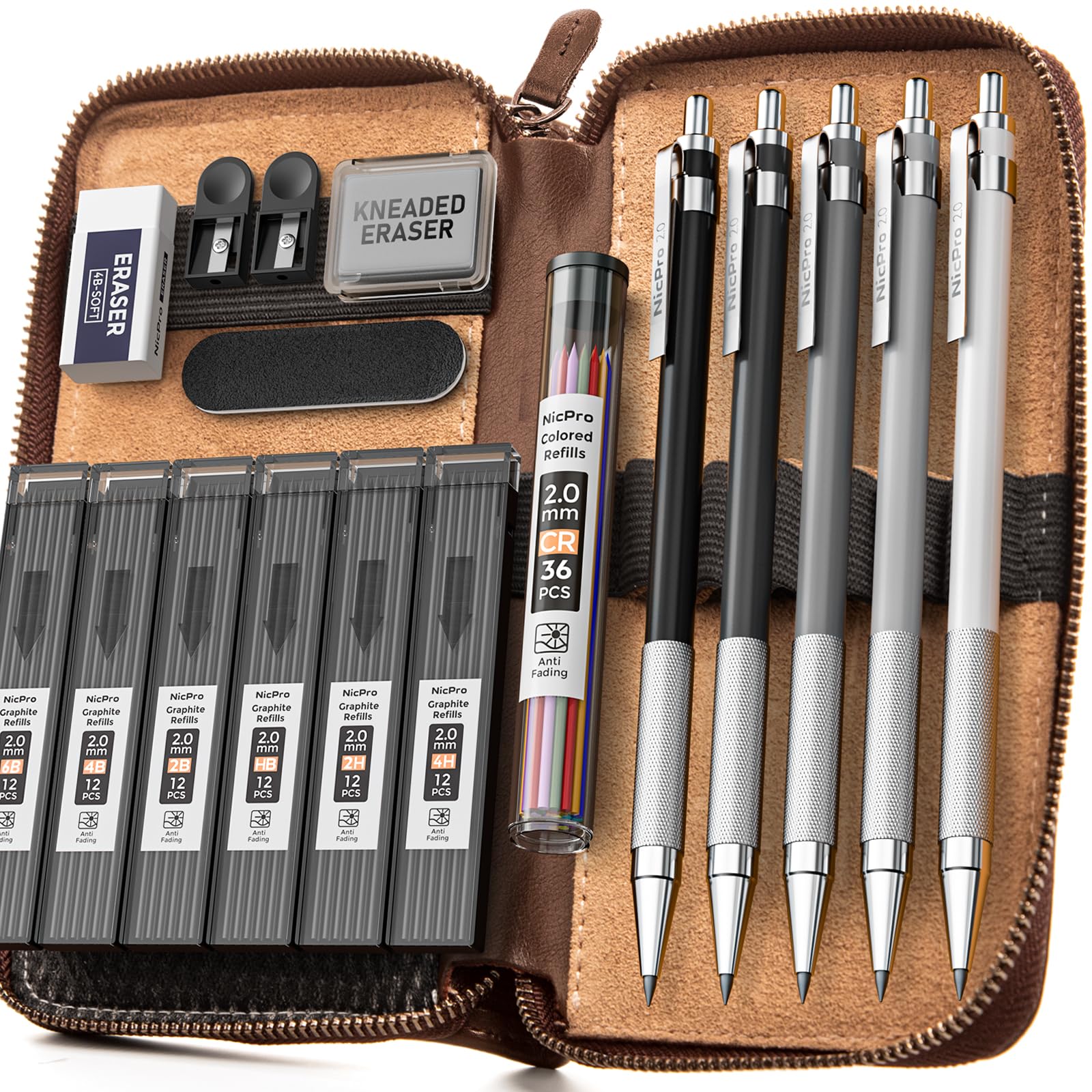 Nicpro 5 Piece 2mm Metal Mechanical Pencils with Leather Case, Art Mechanical Pencil Carpenter Set with Graphite Leads Black & Color (4B 4B 2B HB 2H) Rubber Pencil Sharpener for Artist Drawing Writing Sketching 17 Pieces