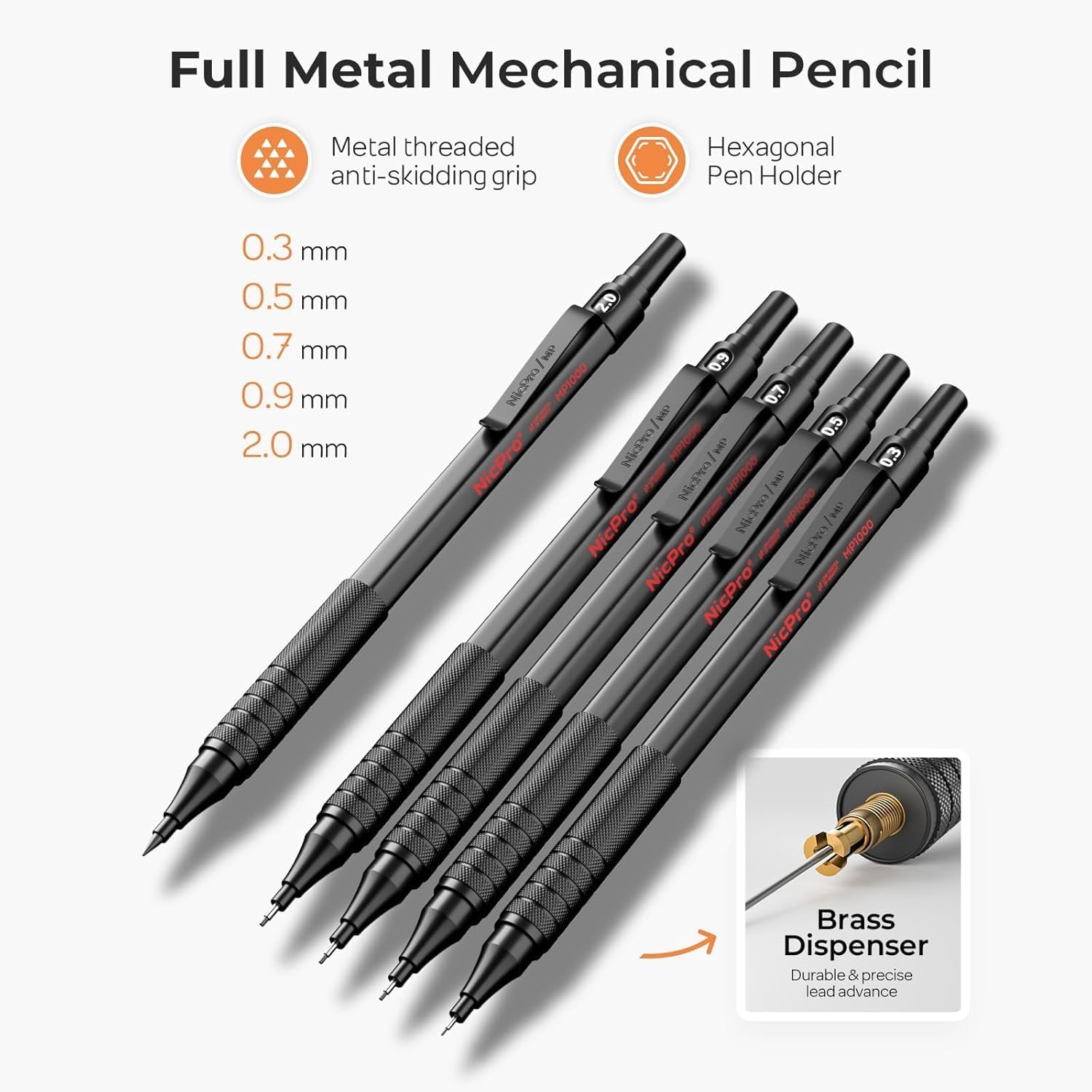 Nicpro 6 pieces mechanical pencils in leather case, artistic drawing mechanical pencil of 0.3 0.5 0.7 0.9 2 mm for sketching and writing, pencil with 18 lead refills (6B 4B 2B HB 2H 4H colours) Black 6 pieces