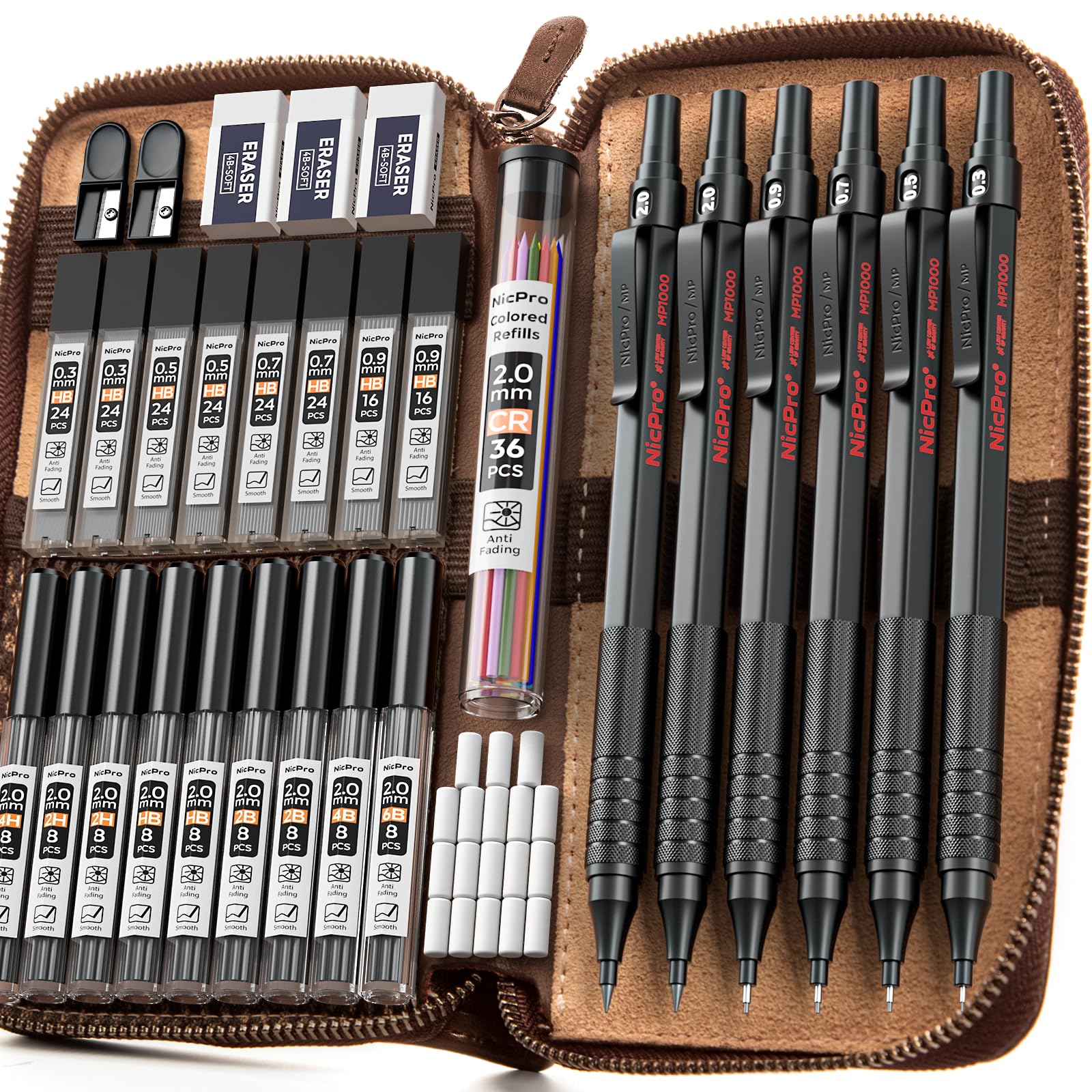 Nicpro 6 pieces mechanical pencils in leather case, artistic drawing mechanical pencil of 0.3 0.5 0.7 0.9 2 mm for sketching and writing, pencil with 18 lead refills (6B 4B 2B HB 2H 4H colours) Black 6 pieces