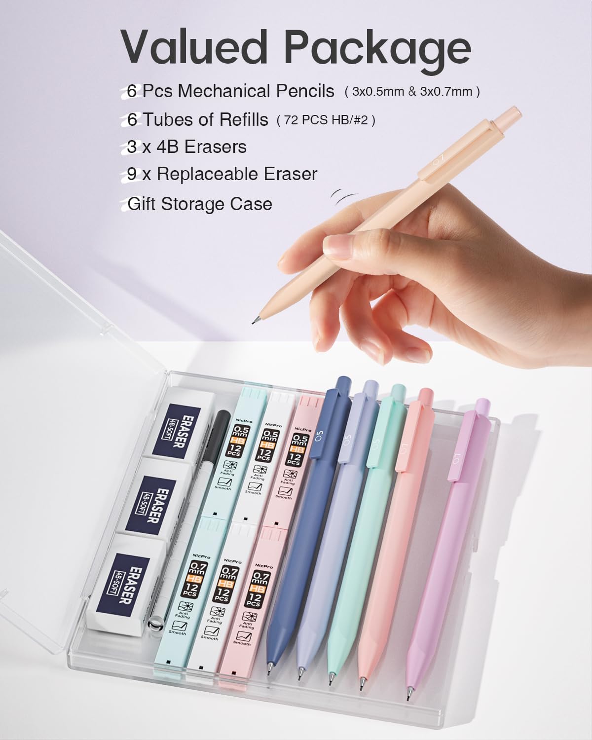 Nicpro 6 Pieces Pastel Mechanical Pencils 0.7 & 0.5 mm with Case, Cute Art Mechanical Pencils with 6 HB Lead Tubes, 3 Erasers, 9 Eraser Refills for Artist Students Kids Drawing Writing Sketching 0.5 mm + 0.7 mm