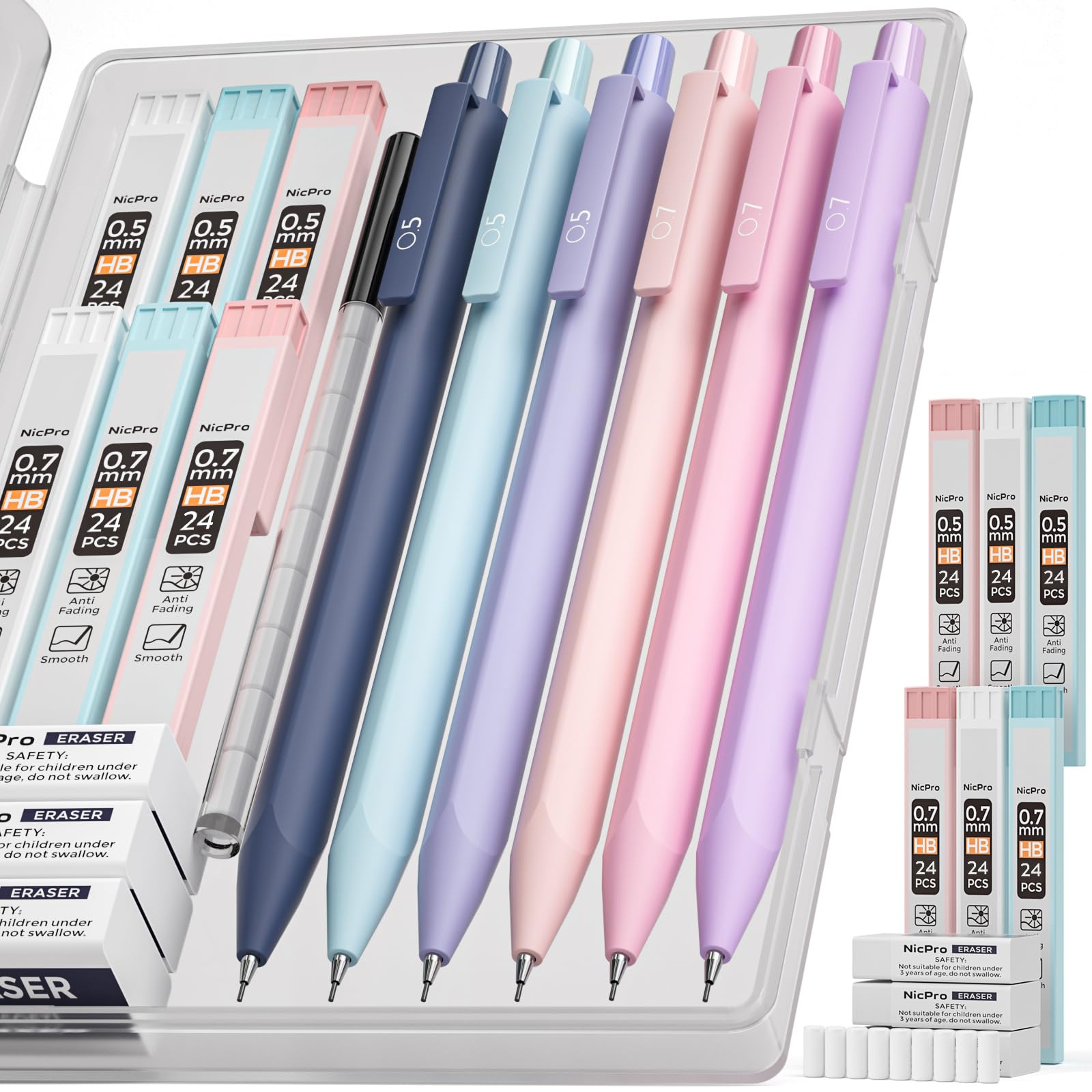 Nicpro 6 Pieces Pastel Mechanical Pencils 0.7 & 0.5 mm with Case, Cute Art Mechanical Pencils with 6 HB Lead Tubes, 3 Erasers, 9 Eraser Refills for Artist Students Kids Drawing Writing Sketching 0.5 mm + 0.7 mm
