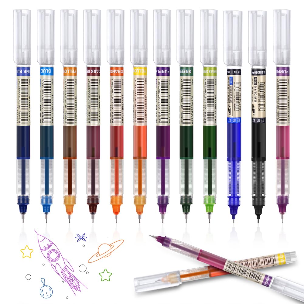 OFFCUP Gel Pens, 12Pcs Ballpoint Pen, 0.5MM Quick Drying Smooth Ink Rollerball Pen Fine Tip Smooth Liquid Ink Pens Stationery Supplies for School Office (Multi) 12pcs-multicolor