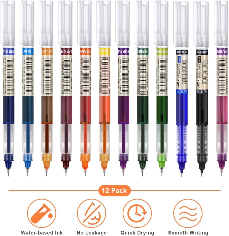OFFCUP Gel Pens, 12Pcs Ballpoint Pen, 0.5MM Quick Drying Smooth Ink Rollerball Pen Fine Tip Smooth Liquid Ink Pens Stationery Supplies for School Office (Multi) 12pcs-multicolor