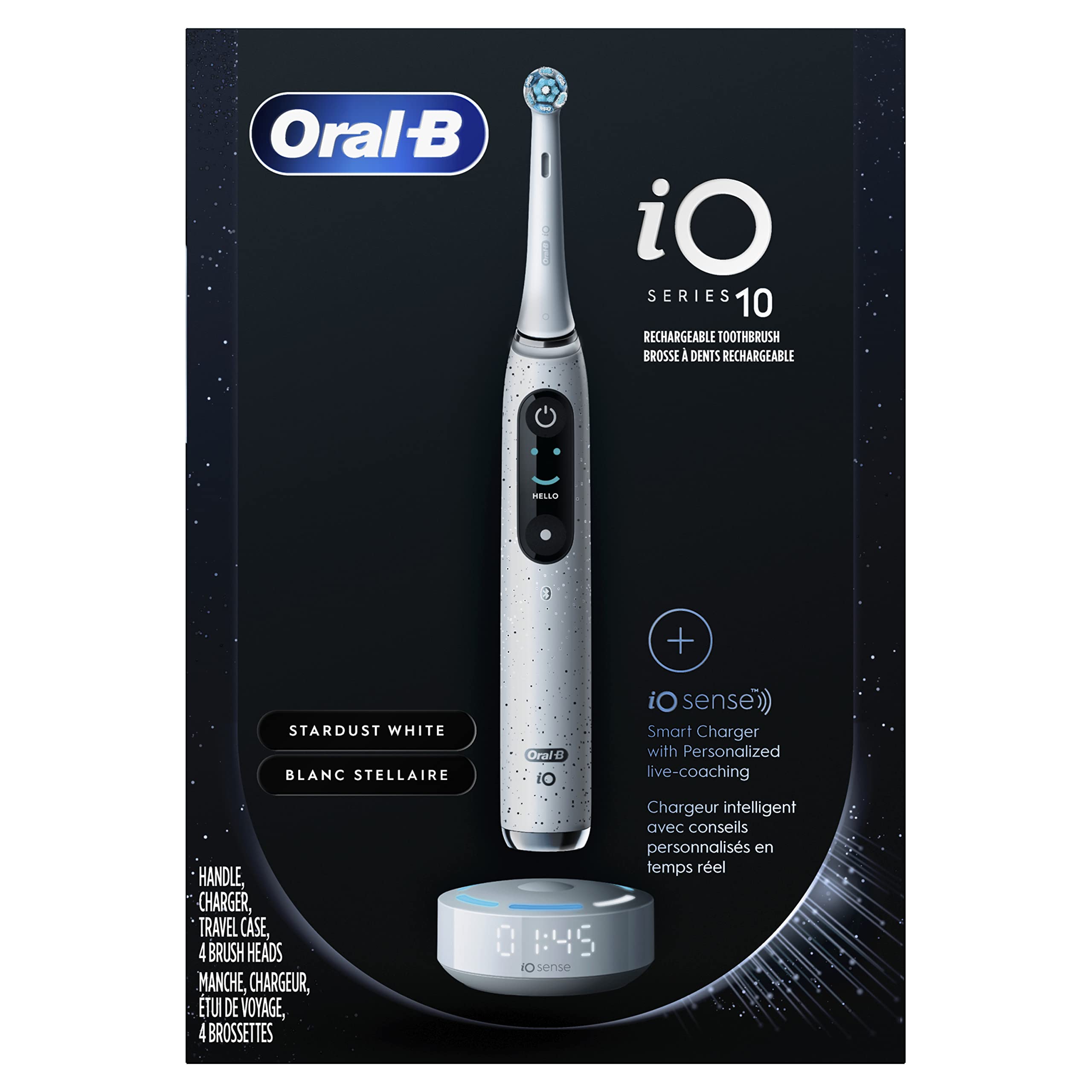 Oral-B iO Series 10 Rechargeable Electric Toothbrush with Visible Pressure Sensor to Protect Gums, 2 Min Timer, 7 Cleaning Settings, 4 Replacement Toothbrush Heads, and Charging Travel Case, White White 1 Count (Pack of 1)