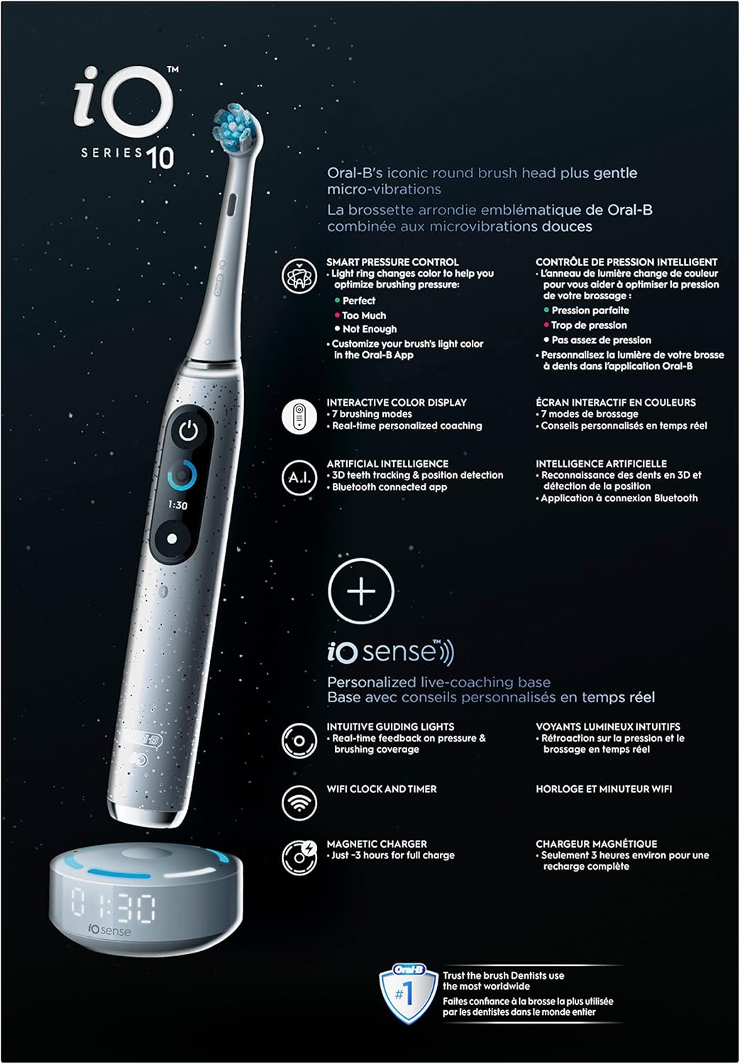 Oral-B iO Series 10 Rechargeable Electric Toothbrush with Visible Pressure Sensor to Protect Gums, 2 Min Timer, 7 Cleaning Settings, 4 Replacement Toothbrush Heads, and Charging Travel Case, White White 1 Count (Pack of 1)