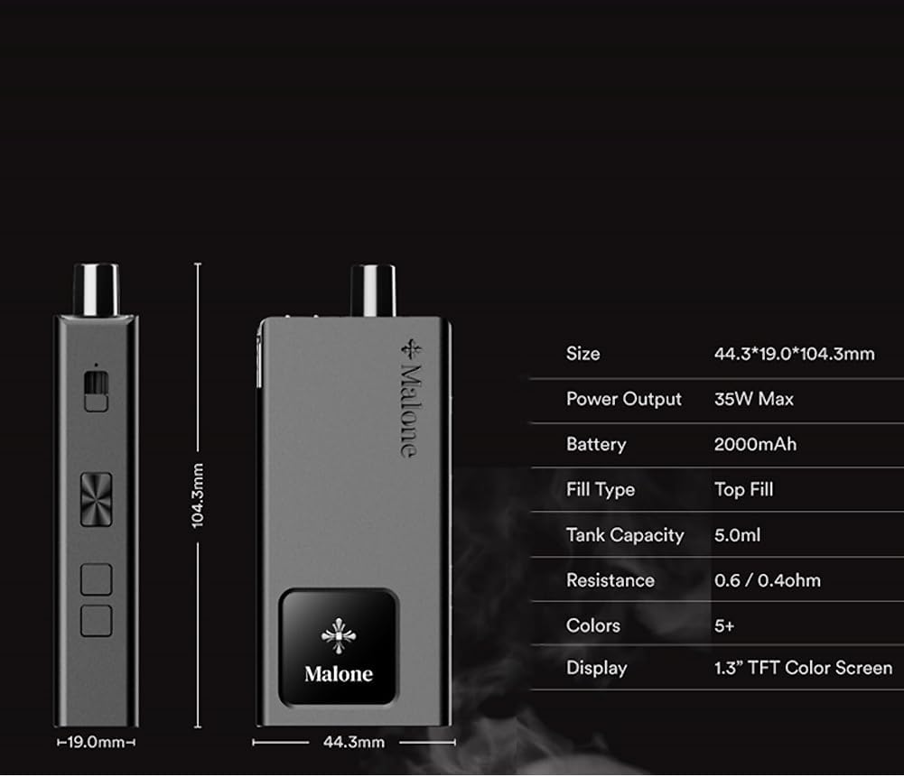 Original VAPTIO MALONE Pod Mod Electronic Cigarette Vape Kit 2000mAh 35W Starter Kit with 0.6ohm Resistance 5.0ml Pod Vape Kit No E-Liquid No Nicotine (black)