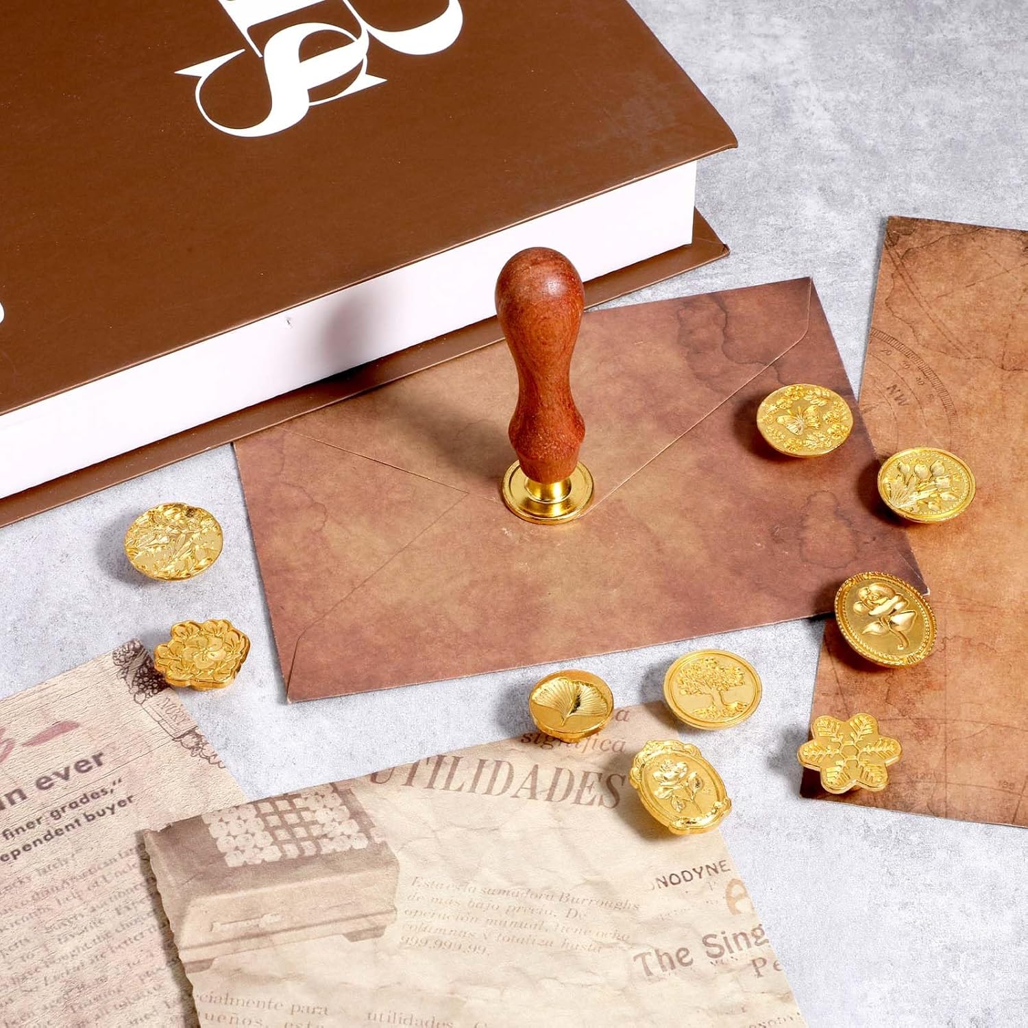 Ouligay Set of 10 Stamps with 1 Wooden Handle Wax Stamp Set for Gift Envelopes Invitations