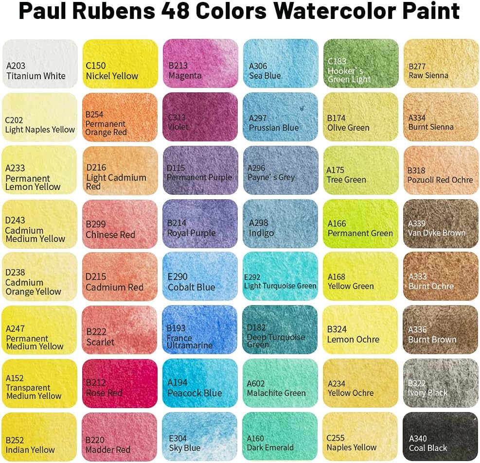 Paul Rubens 48 Professional Watercolor Colors Set Portable Metal Case with Pallet, for Artists, Masters, Students, Children, Beginners Cadmium Yellow