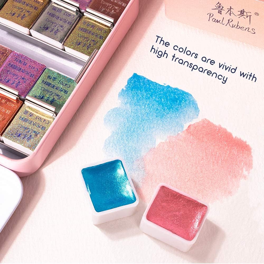 Paul Rubens Artist Watercolor Metallic Paint, 48 Shimmer Glitter Solid Colors Portable Pink Case with Board, Perfect for Artists and Amateurs 48 Shimmer Colors