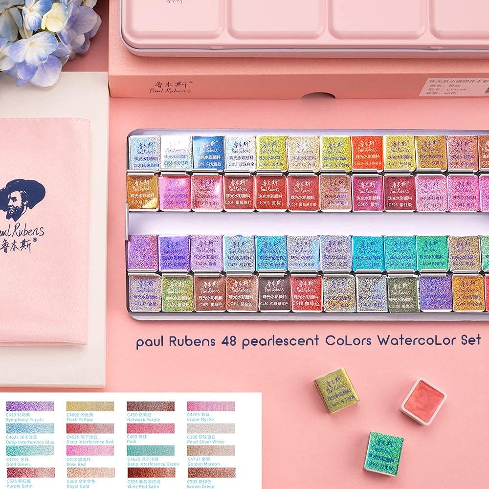 Paul Rubens Artist Watercolor Metallic Paint, 48 Shimmer Glitter Solid Colors Portable Pink Case with Board, Perfect for Artists and Amateurs 48 Shimmer Colors