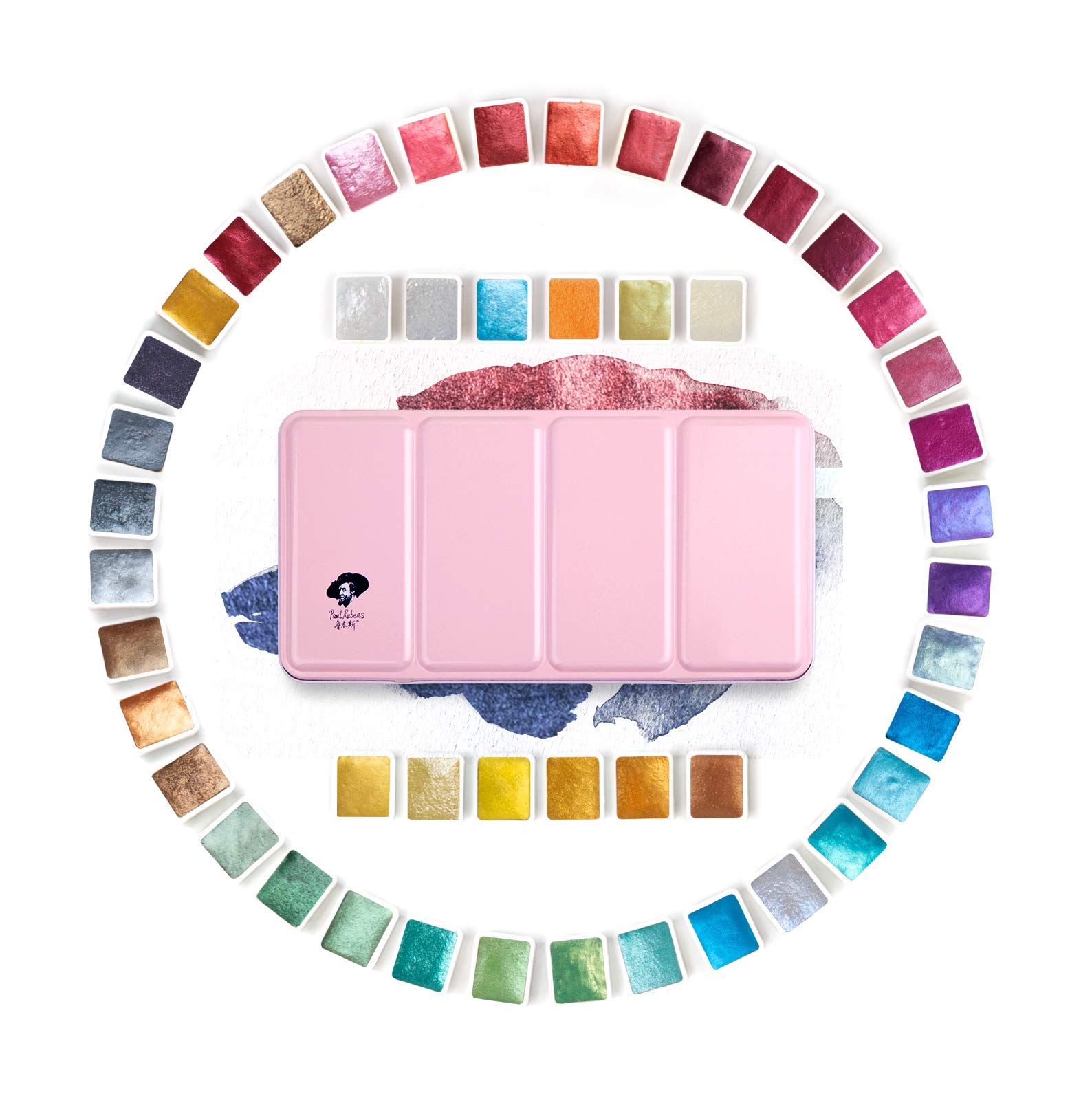 Paul Rubens Artist Watercolor Metallic Paint, 48 Shimmer Glitter Solid Colors Portable Pink Case with Board, Perfect for Artists and Amateurs 48 Shimmer Colors