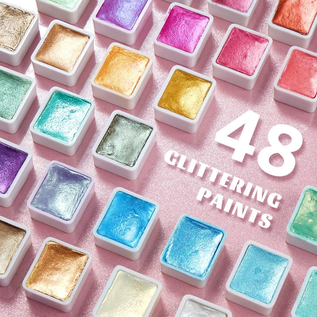 Paul Rubens Artist Watercolor Metallic Paint, 48 Shimmer Glitter Solid Colors Portable Pink Case with Board, Perfect for Artists and Amateurs 48 Shimmer Colors