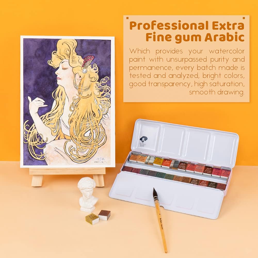 Paul Rubens Watercolor Paints, Solid Colors Glitter for Artist - Portable Pink Metal Case with Palette - 24 Colors Set 24 Pearl Colors