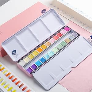 Paul Rubens Watercolor Paints, Solid Colors Glitter for Artist - Portable Pink Metal Case with Palette - 24 Colors Set 24 Pearl Colors
