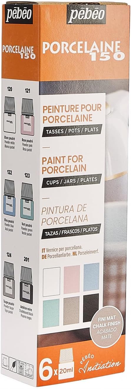 Pébéo - Porcelaine Beginners Set 150 Chalk - Painting on Porcelain - 6 Bottles of 20 ml - Powder White + Powder Pink + Powder Blue + Powder Green + Powder Taupe + Black Slate