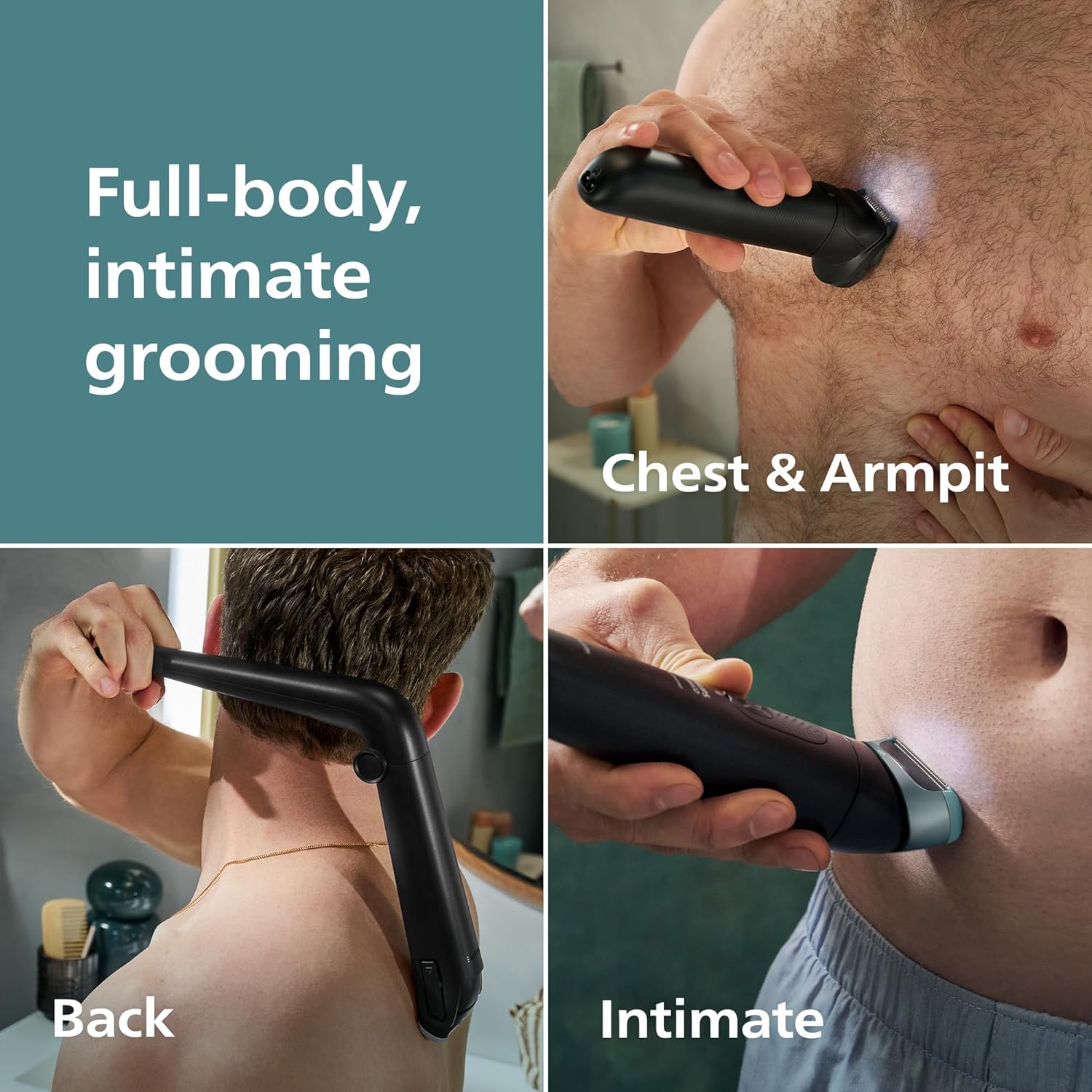 Philips Norelco Body Groomer 9000 Series, Intimate Trimmer for Bi-directional Use & Waterproof Wet Dry Body Shaver System with Foldable Back Attachment & UV Cube Cleaner, BG9485/50 Black BG9485/50 + 13 Accessories