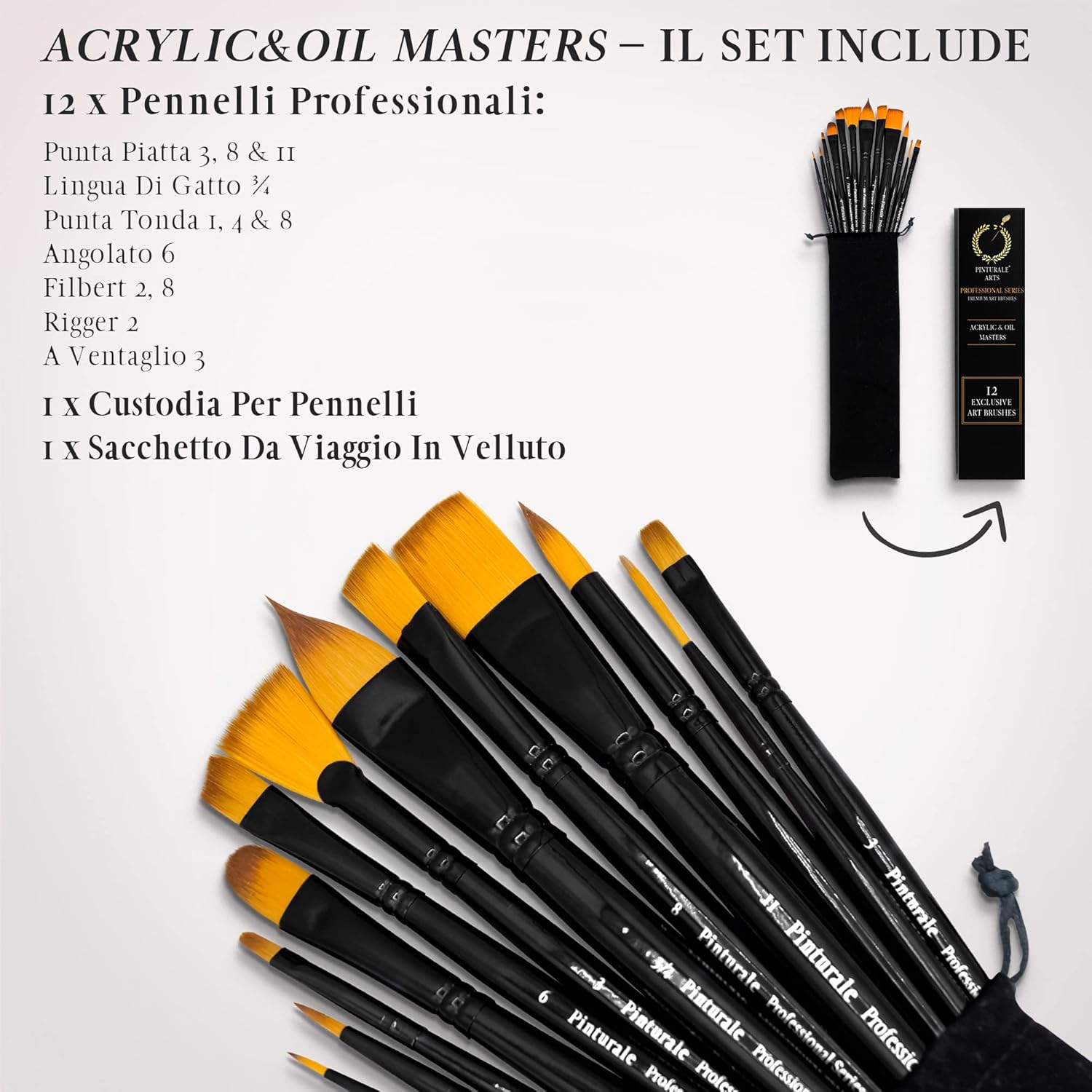 Pinturale 12 Acrylic Brushes | Acrylic & Oil Masters | Set of 12 Professional Paint Brushes | Oil Paint Brushes, Professional Paint Brush Set