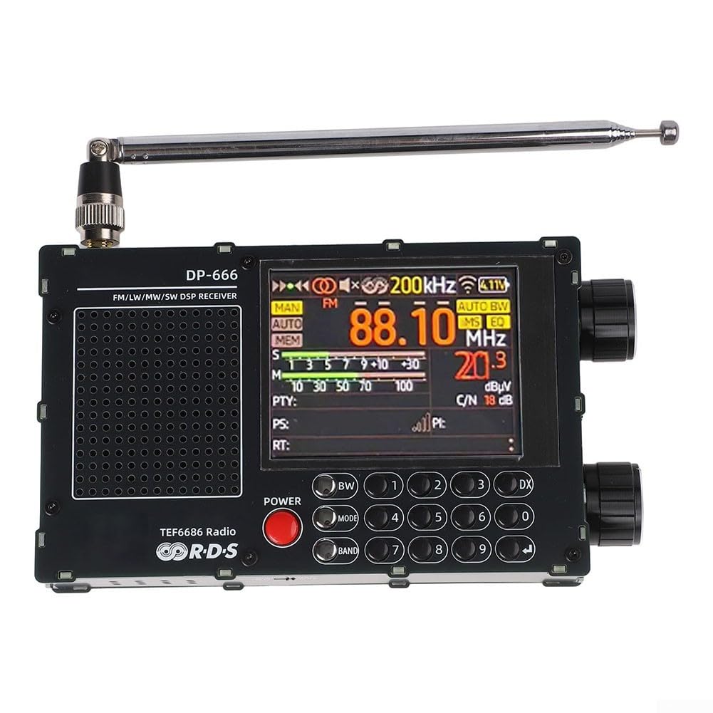 Portable Shortwave Radio, DP-666 TEF6686 Digital FM AM LW to MW SW Radio Receiver with RDS Display, 2.8 inch Touch Screen (Black)