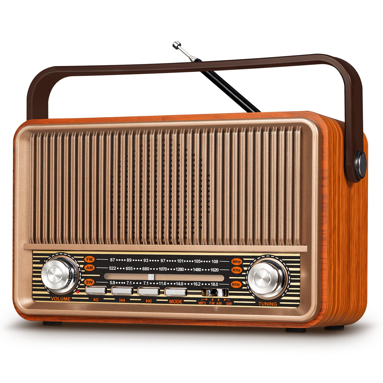 PRUNUS J-120 Vintage Wooden FM/AM/SW Portable Radio, Retro Bluetooth Speaker, Portable Radio with Enhanced 1800 mAh Rechargeable Battery, AC Power Available, Supports TF/USB/AUX. Gold