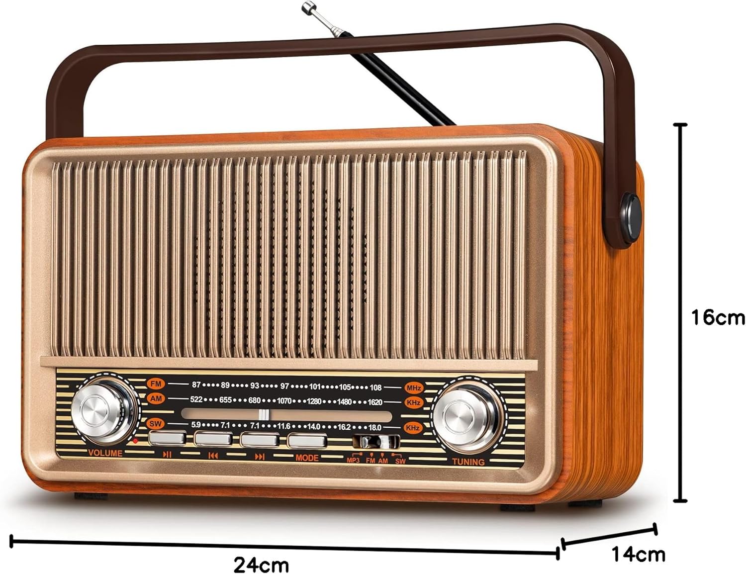 PRUNUS J-120 Vintage Wooden FM/AM/SW Portable Radio, Retro Bluetooth Speaker, Portable Radio with Enhanced 1800 mAh Rechargeable Battery, AC Power Available, Supports TF/USB/AUX. Gold