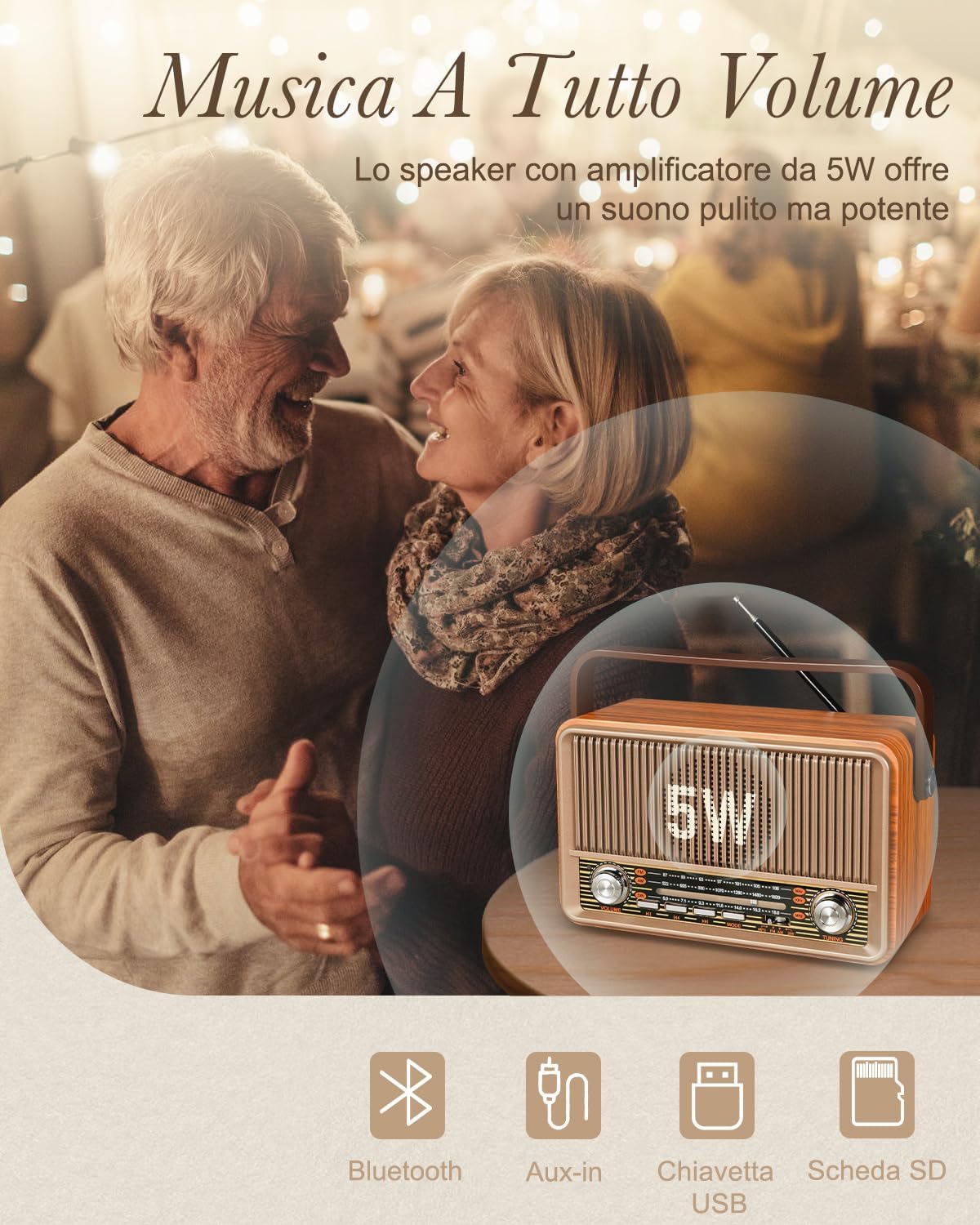 PRUNUS J-120 Vintage Wooden FM/AM/SW Portable Radio, Retro Bluetooth Speaker, Portable Radio with Enhanced 1800 mAh Rechargeable Battery, AC Power Available, Supports TF/USB/AUX. Gold