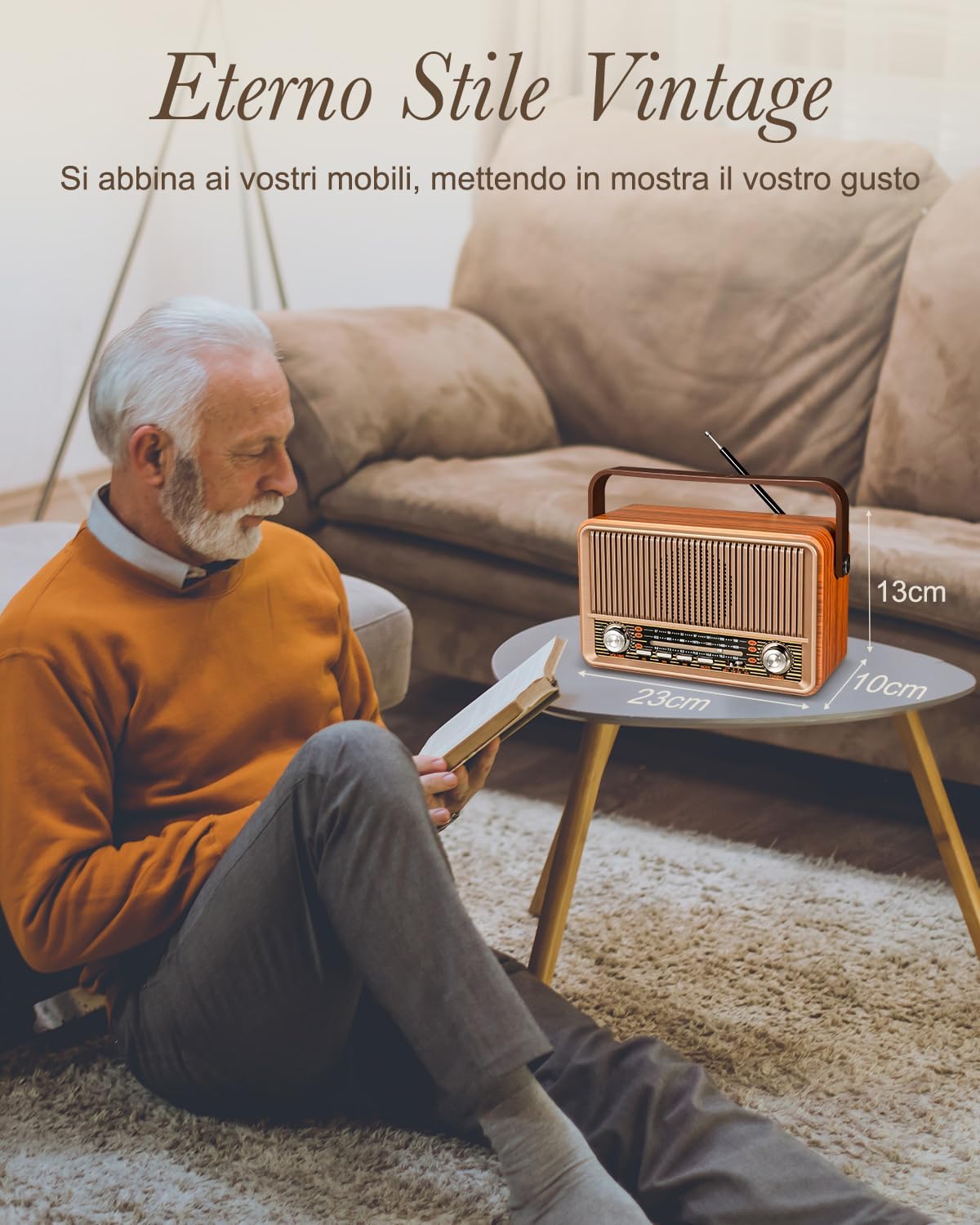 PRUNUS J-120 Vintage Wooden FM/AM/SW Portable Radio, Retro Bluetooth Speaker, Portable Radio with Enhanced 1800 mAh Rechargeable Battery, AC Power Available, Supports TF/USB/AUX. Gold