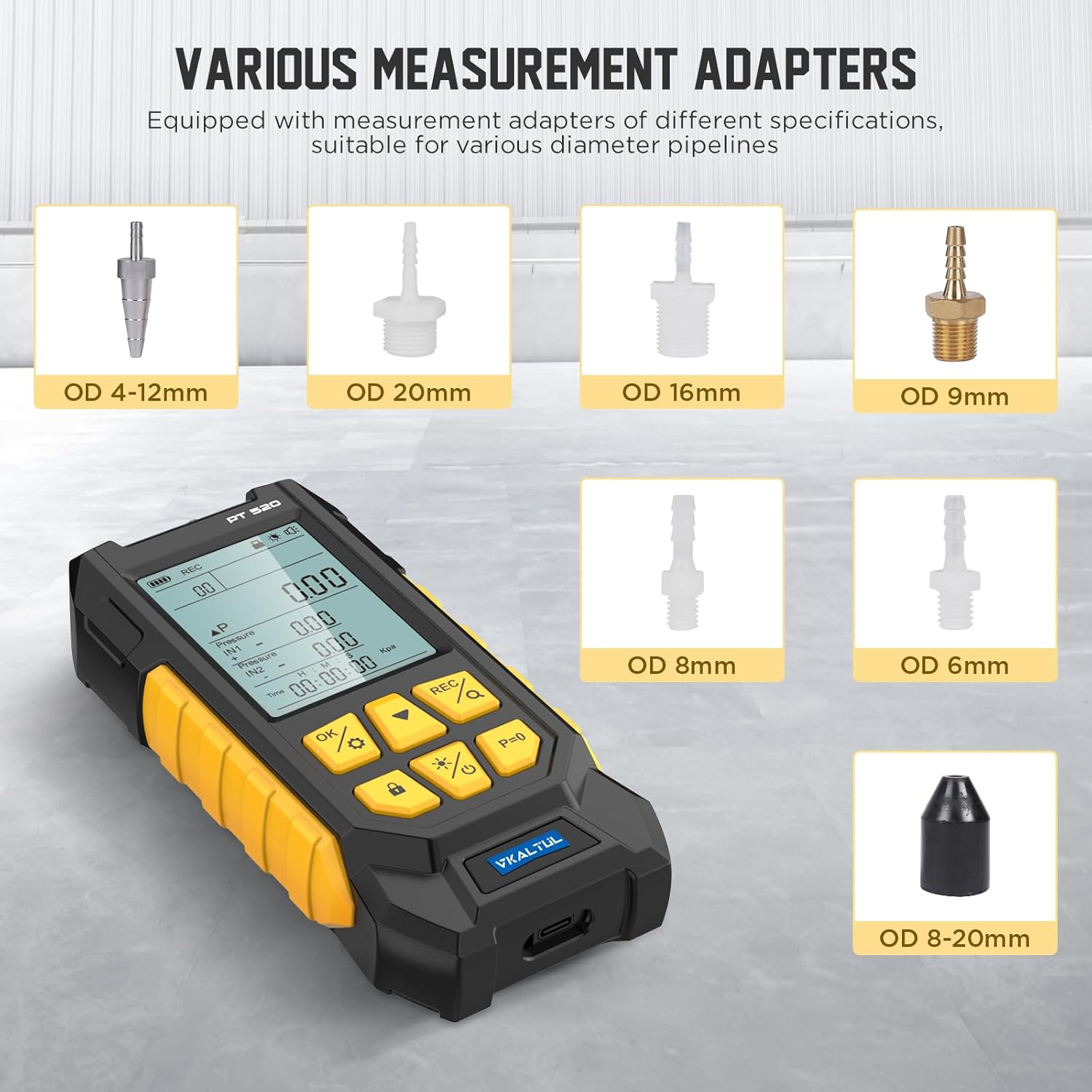 PT520 Digital Pressure Gauge, Water Pressure Gauge, Compressed Air Pressure Gauge with High Accuracy Value, 10 Readings, 29 Data Storage, Multiple Measurement Adapters, -100~200Kpa